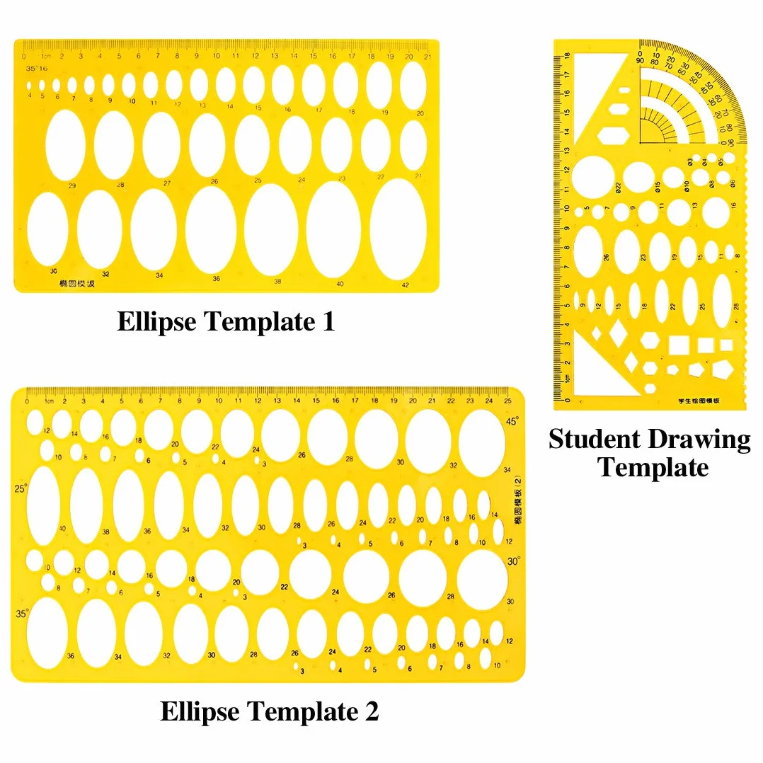 Swpeet Kit di 18 modelli di disegni geometrici gialli in plastica, 10 diversi modelli di misurazione geometrici, stencil con 2 matite e 5 righelli di misurazione per disegno, ingegneria e disegno