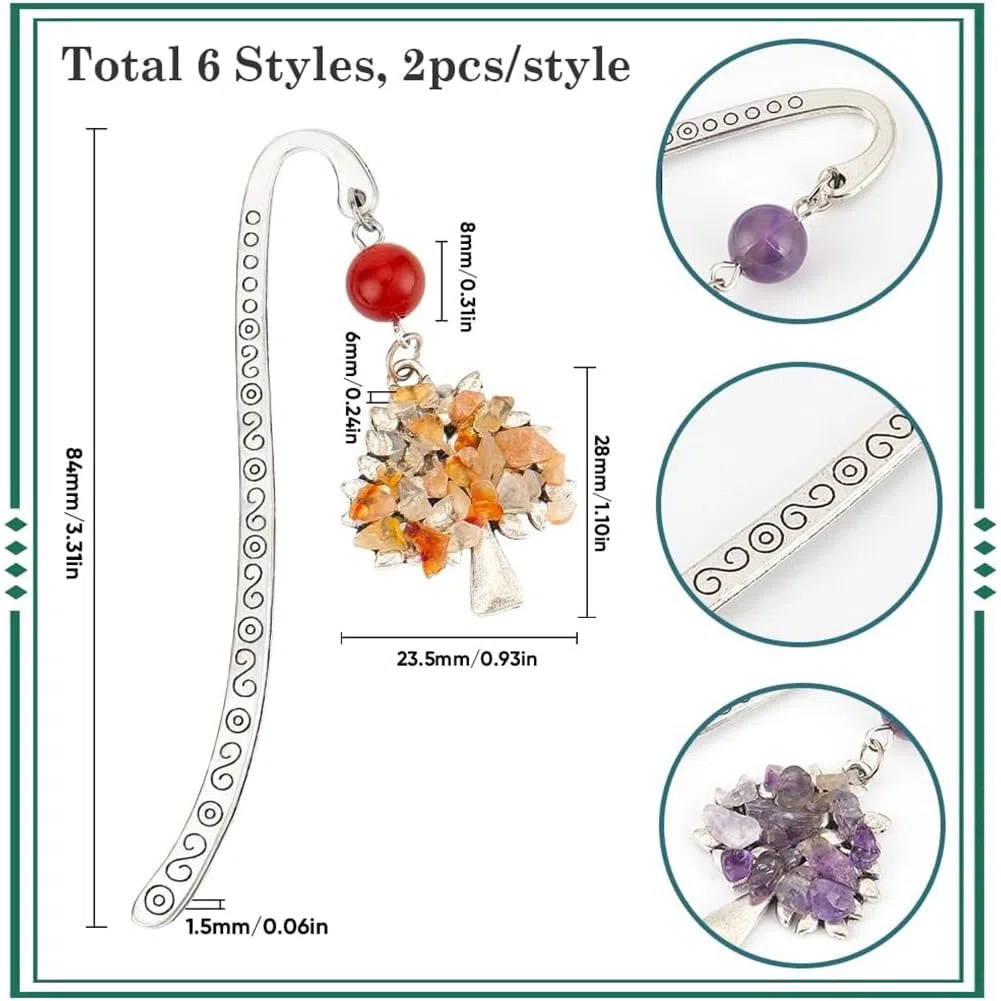 SUNNYCLUE 12Pz Segnalibri Albero della Vita in Stile Tibetano, Segnalibri in Metallo con Gancio Argento Antico, Ametista, Turchese, Perle di Pietre Preziose, Segnalibri in Metallo in Bulk per Lettura