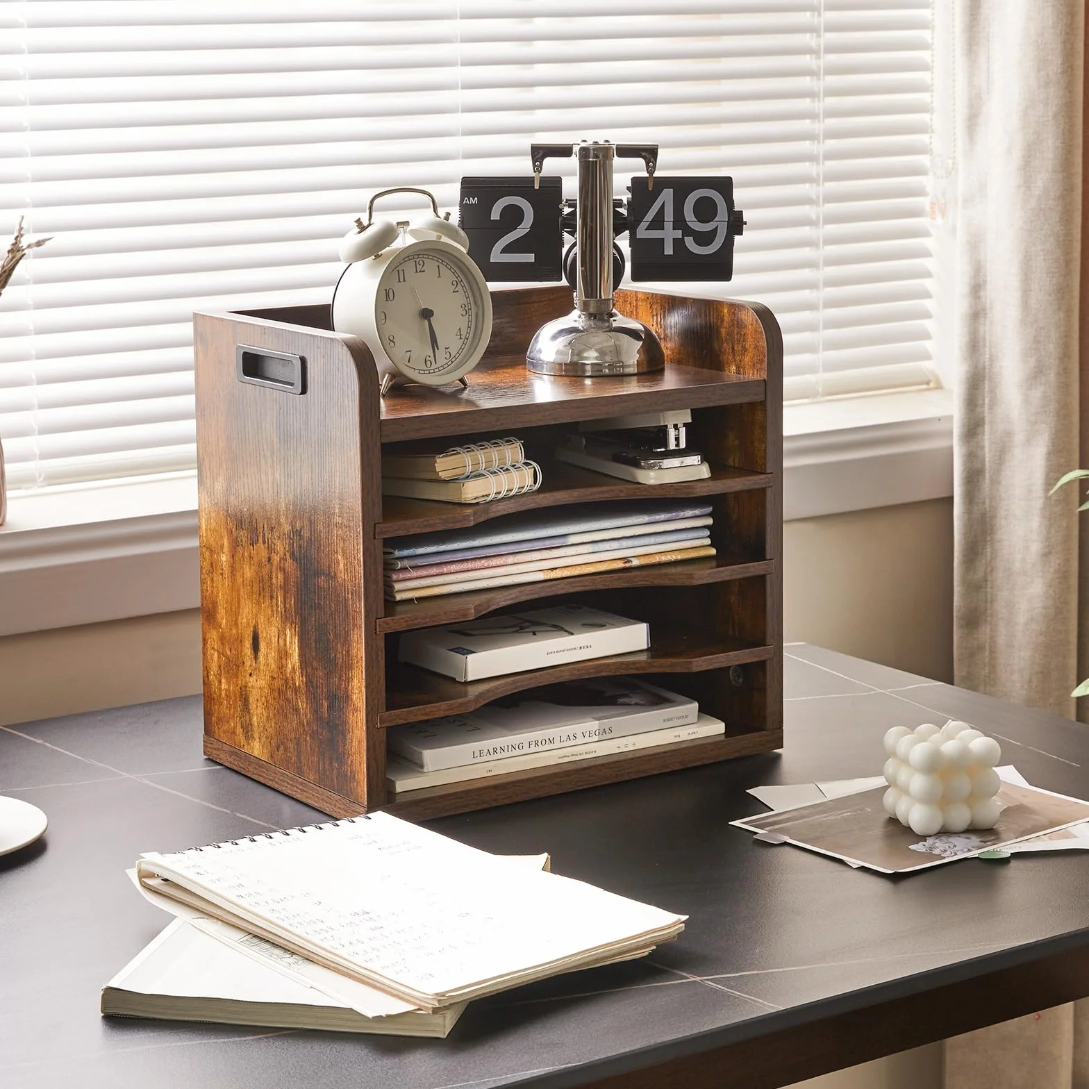 YMYNY Organizer da Scrivania in Legno, Portaoggetti da scrivania con 3 Ripiani Regolabili, per Scuola, Ufficio, per Formato A4 Documenti Archiviazione, 34 x 23 x 31.5CM Marrone Rustico HBC006H