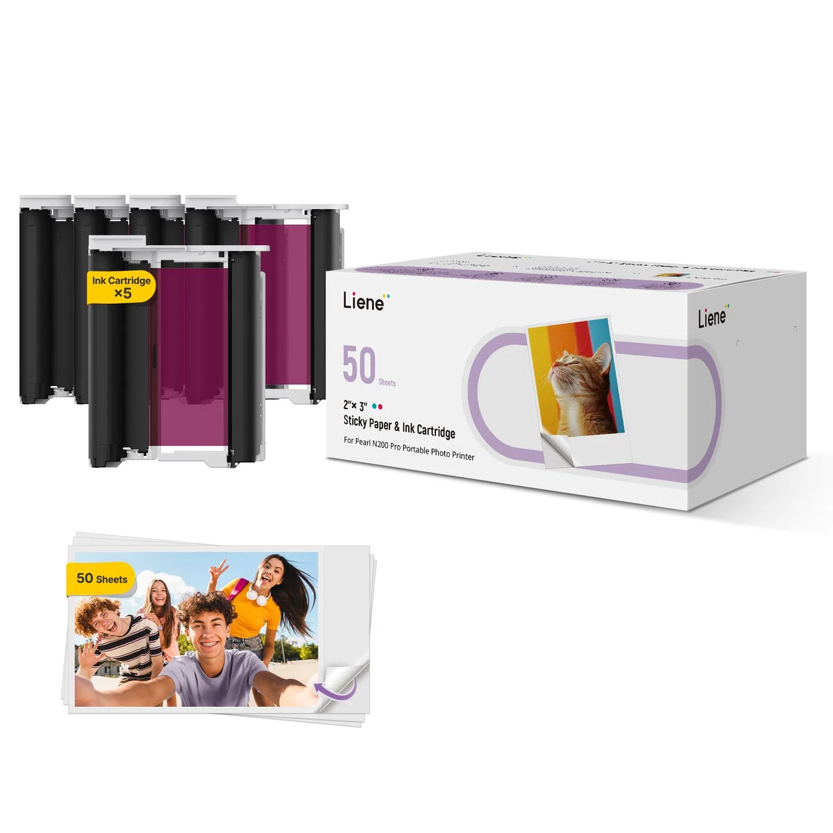 Liene Pearl N200 Pro Carta Fotografica Autoadesiva per Stampante Portatile: 50 Fogli (5x7,6 cm) + 5 Nastri. Resistente all‘Acqua, Adesivo Istantaneo. Per DMP130. Ideale per Scrapbooking e DIY.