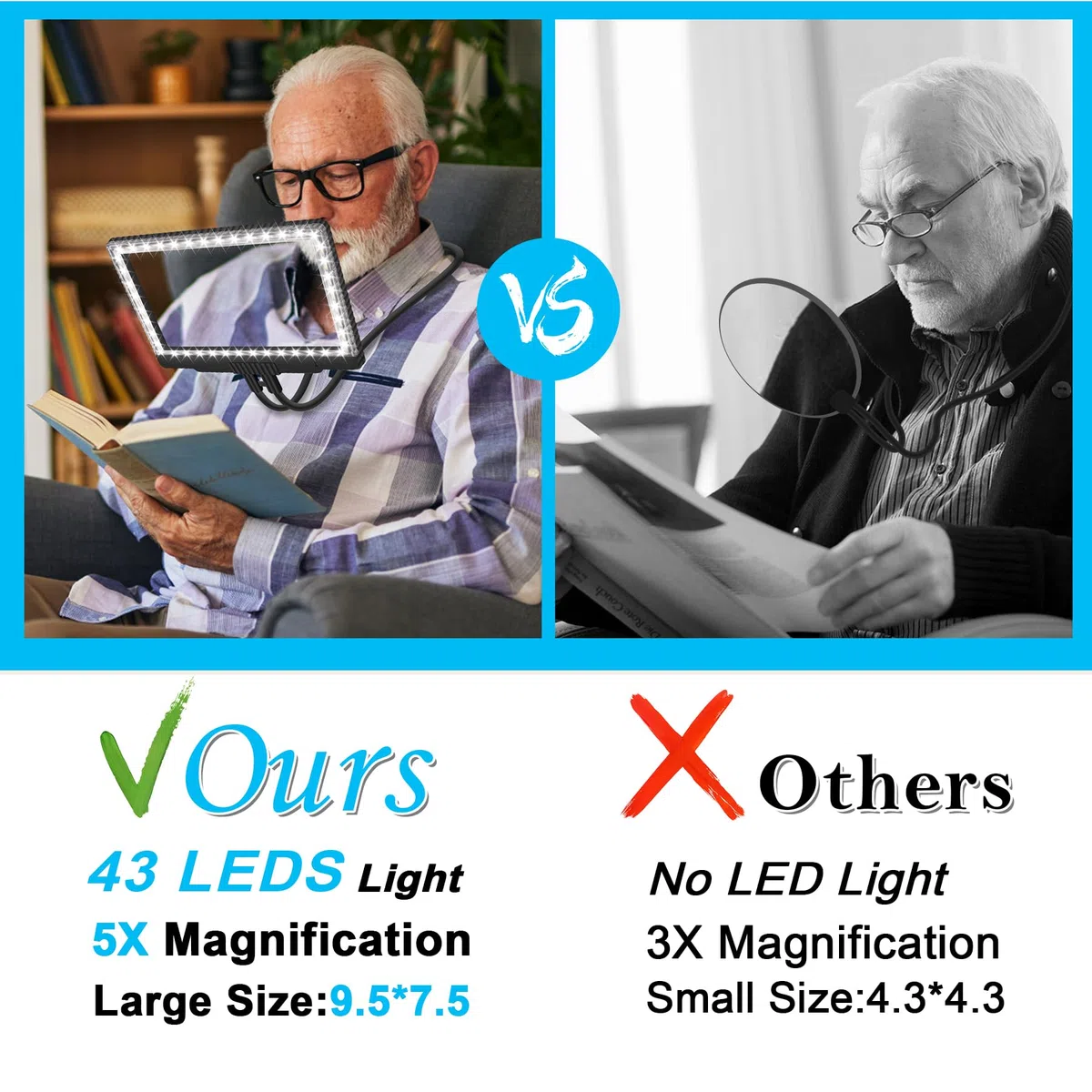 Lente d'ingrandimento 5X a mani libere con luce 43 LED ultra luminosi, lente d'ingrandimento grande per lettura, lente d'ingrandimento flessibile a collo d'oca per riparazione collo usura cucito