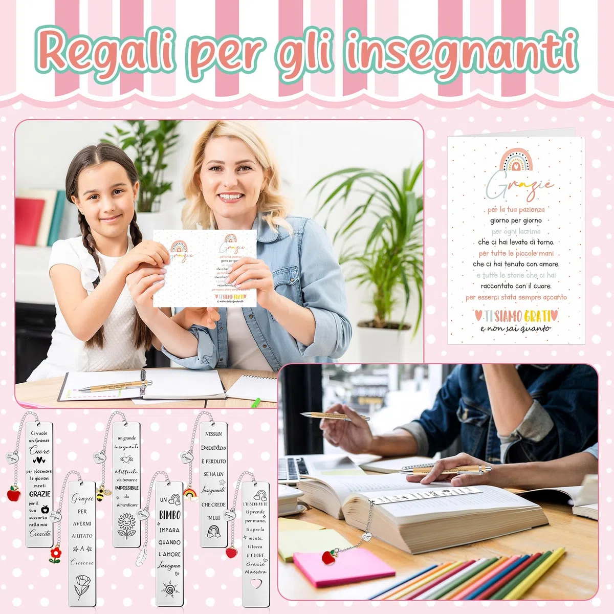 Clabby 6 Sets Regalo Maestre Fine Anno Grazie Maestra Regali di Ringraziamento 6 Segnalibri in Metallo 6 Penne 6 Biglietti di Auguri 6 Busta per Insegnante Laurea Compleanno