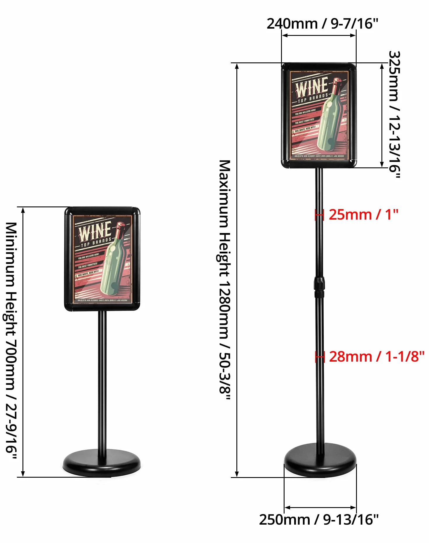 QWORK® Supporto informazioni di alluminio - A4 - Cornice a scatto girevole a 360° - Angolo sicuro - Regolabile in altezza 75~120 cm (Nero, A4)