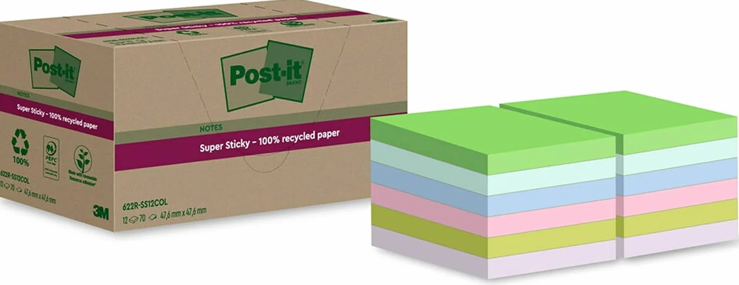 Post-it Foglietti Super Sticky Riciclati, Confezione da 12 Blocchetti, 70 Fogli per Blocchetto, 47.6 mm x 47.6 mm, Rosa, Verde, Blu, Viola, Giallo - Foglietti Super Adesivi in carta riciclata al 100%
