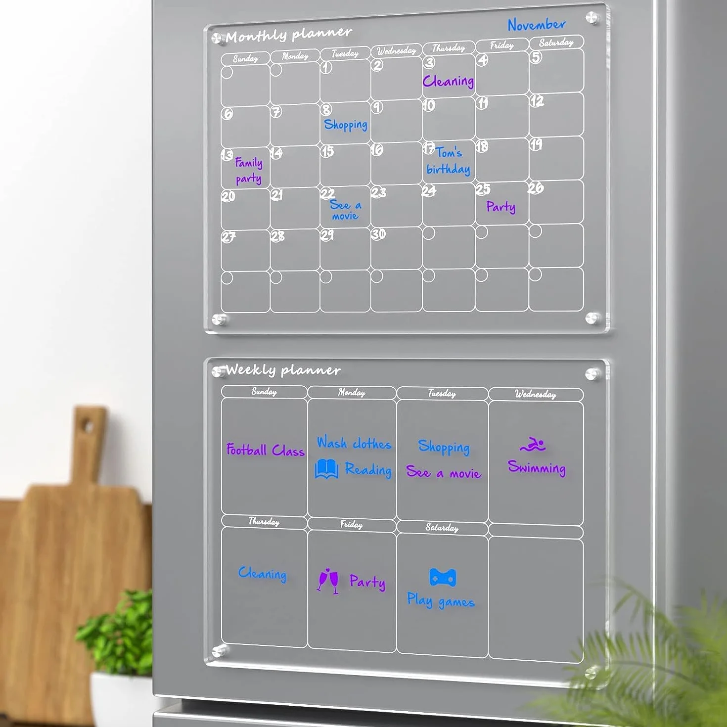 Trasparente Lavagna Calendario Magnetico Frigorifero,Calendari a cancellazione magnetica acrilica, scheda magnetica a secco per frigorifero, scheda di pianificazione mensile e settimanale
