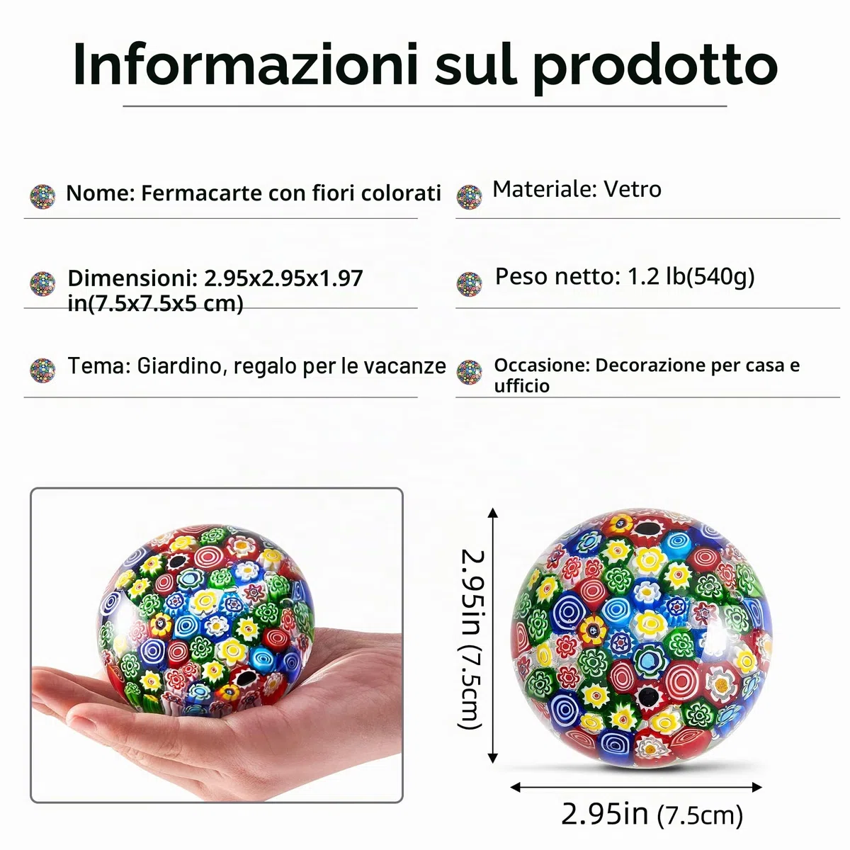 Figura floreale in vetro soffiato a mano, fermacarte in vetro per regalo di compleanno