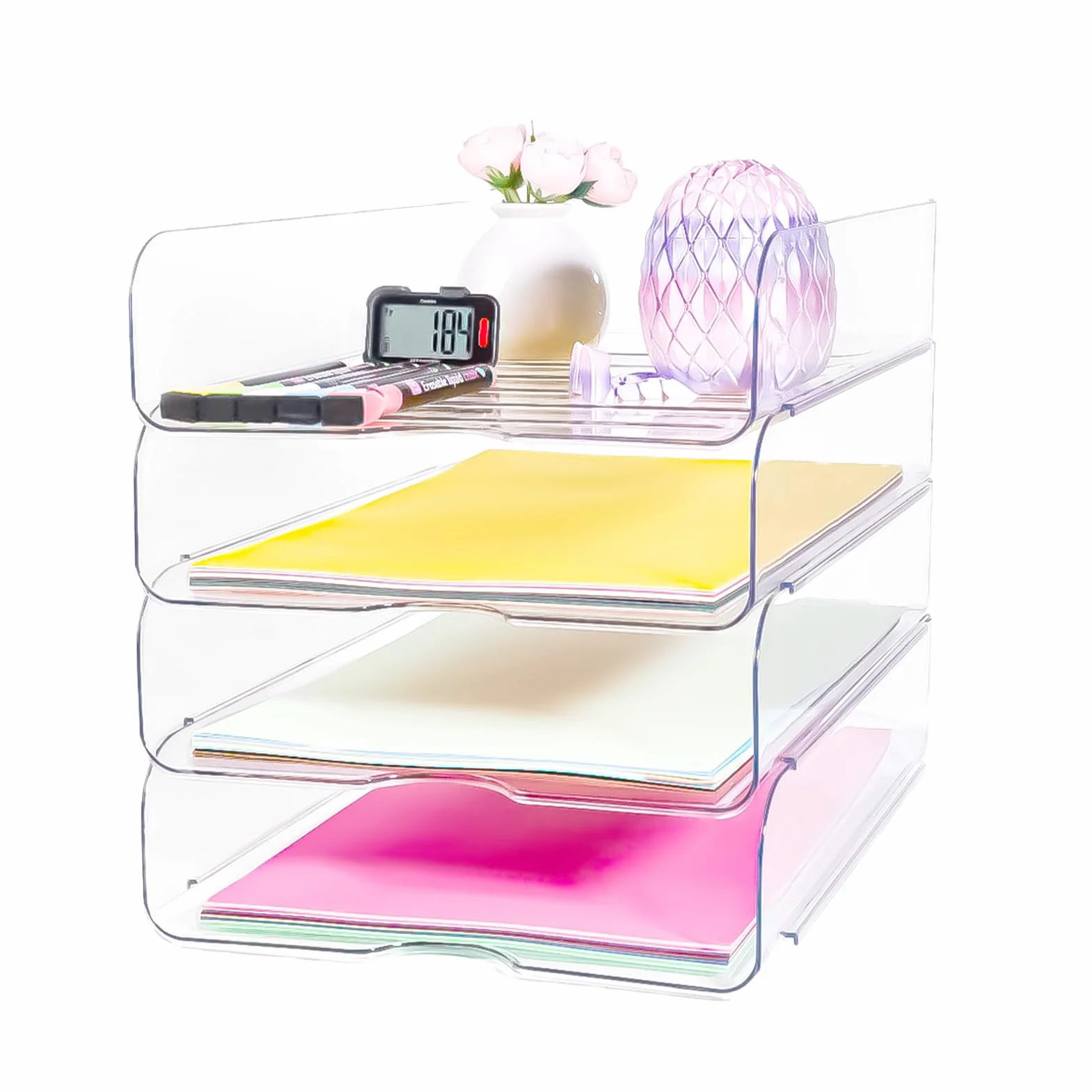 Organizer per Carta Vassoio per Lettere, Organizer da Scrivania Impilabile Trasparente per Documenti, Organizer da Ufficio per File, iPad, Lettere, Formato A4, Libri, Appunti, Confezione da 4 in