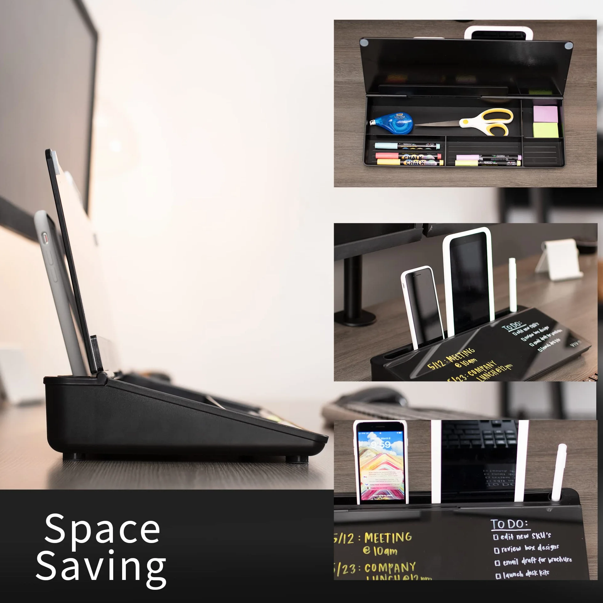 Vivo Lavagna in vetro cancellabile a secco da 40,6 x 17,8 cm con contenitore, organizer per lavagna bianca da scrivania con scomparti nascosti e slot per dispositivo, nero, DESK-WB16B