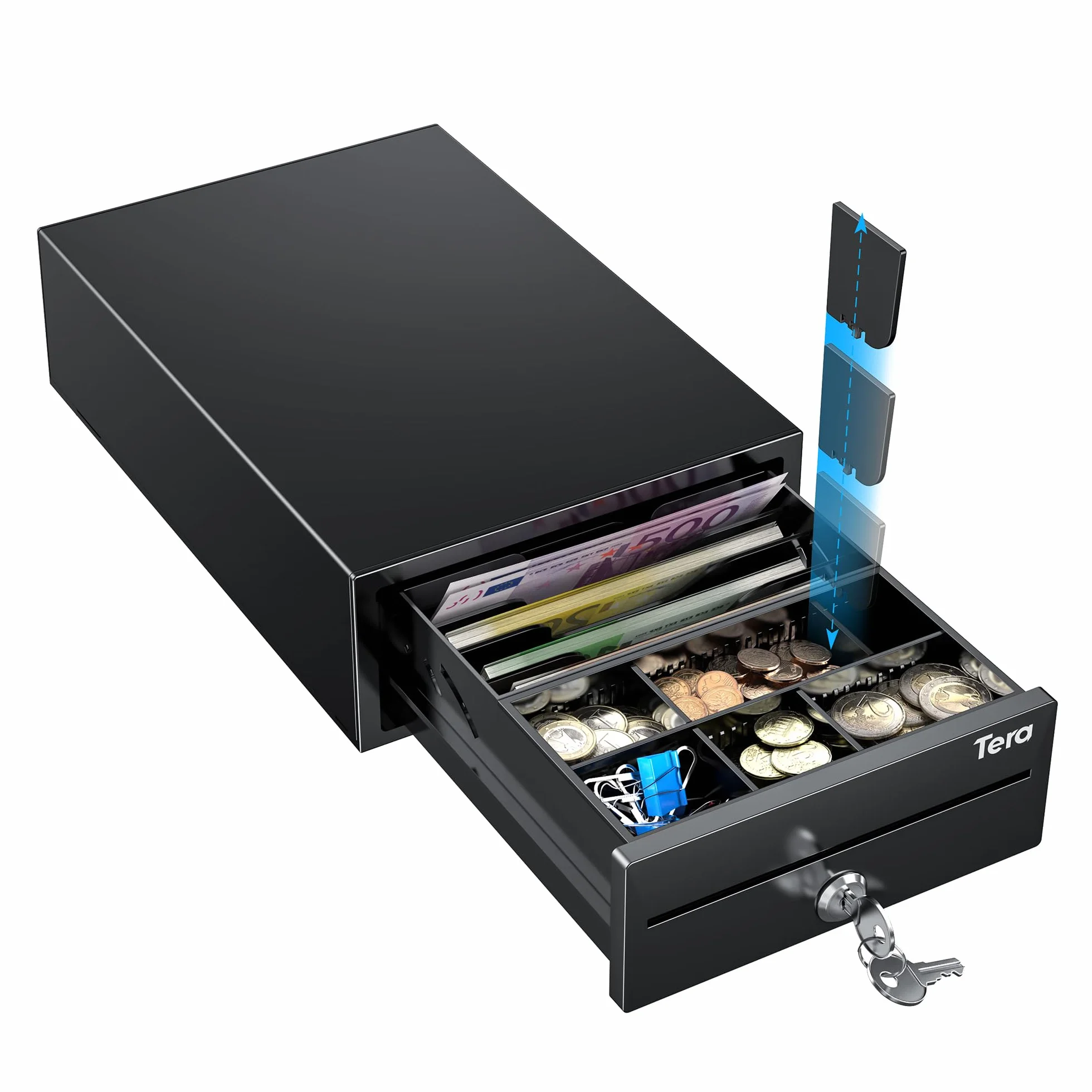 Tera Piccola cassetta portavalori regolabile: 20,8 × 30 × 9,8 cm con 4 scomparti per banconote, 6 scomparti per monete, 2 chiavi RJ12 connettore per sistema di cassa POS al dettaglio Supermercato 208
