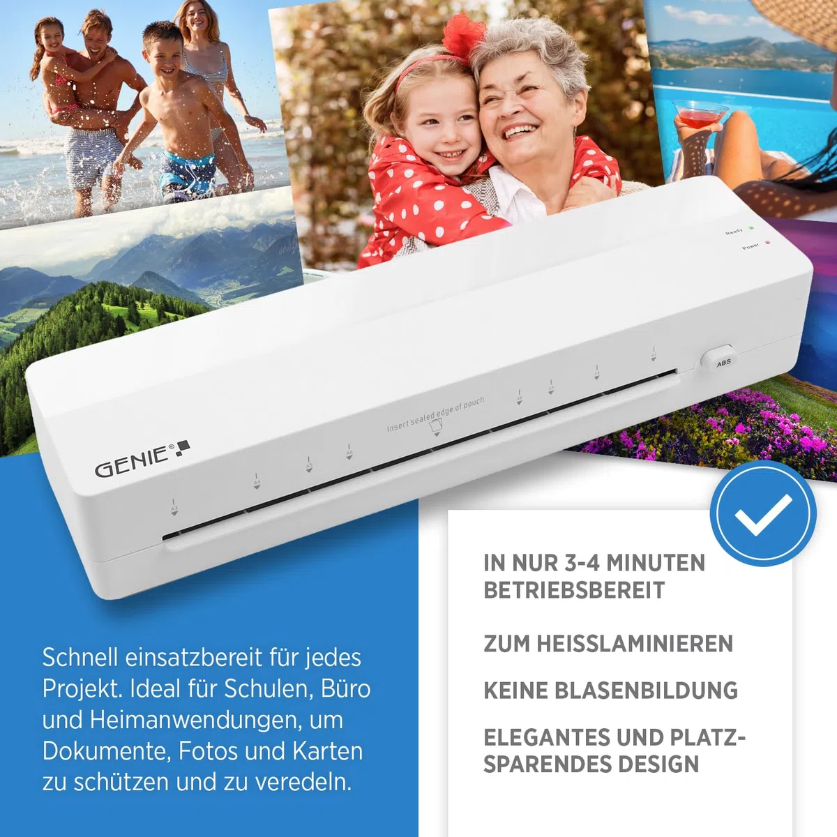 GENIE LA 400 A3 - Plastificatrice a caldo con 2 rulli riscaldanti, per scuola, ufficio e ufficio domestico, con 5 pellicole di laminazione, plastificatrice A3 e A4 con pellicole, plastificatrice
