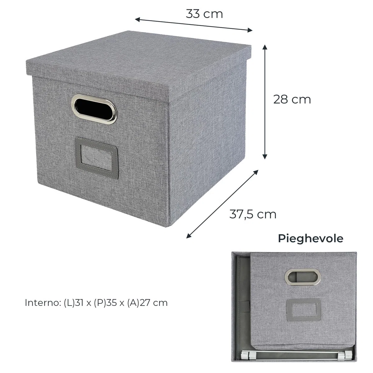 HMF scatola porta oggetti con coperchio per cartelle sospese DIN A4 | adatta per Kallax | 33 x 37,5 x 28 cm | grigia