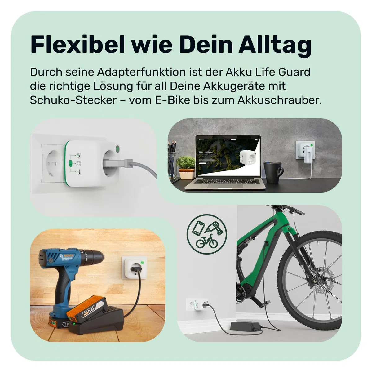 Natune Adattatore di protezione batteria Akku Life Guard | Adattatore di ricarica intelligente con arresto automatico e 3 modalità per prolungare la durata della batteria | 0,0 % consumo in standby