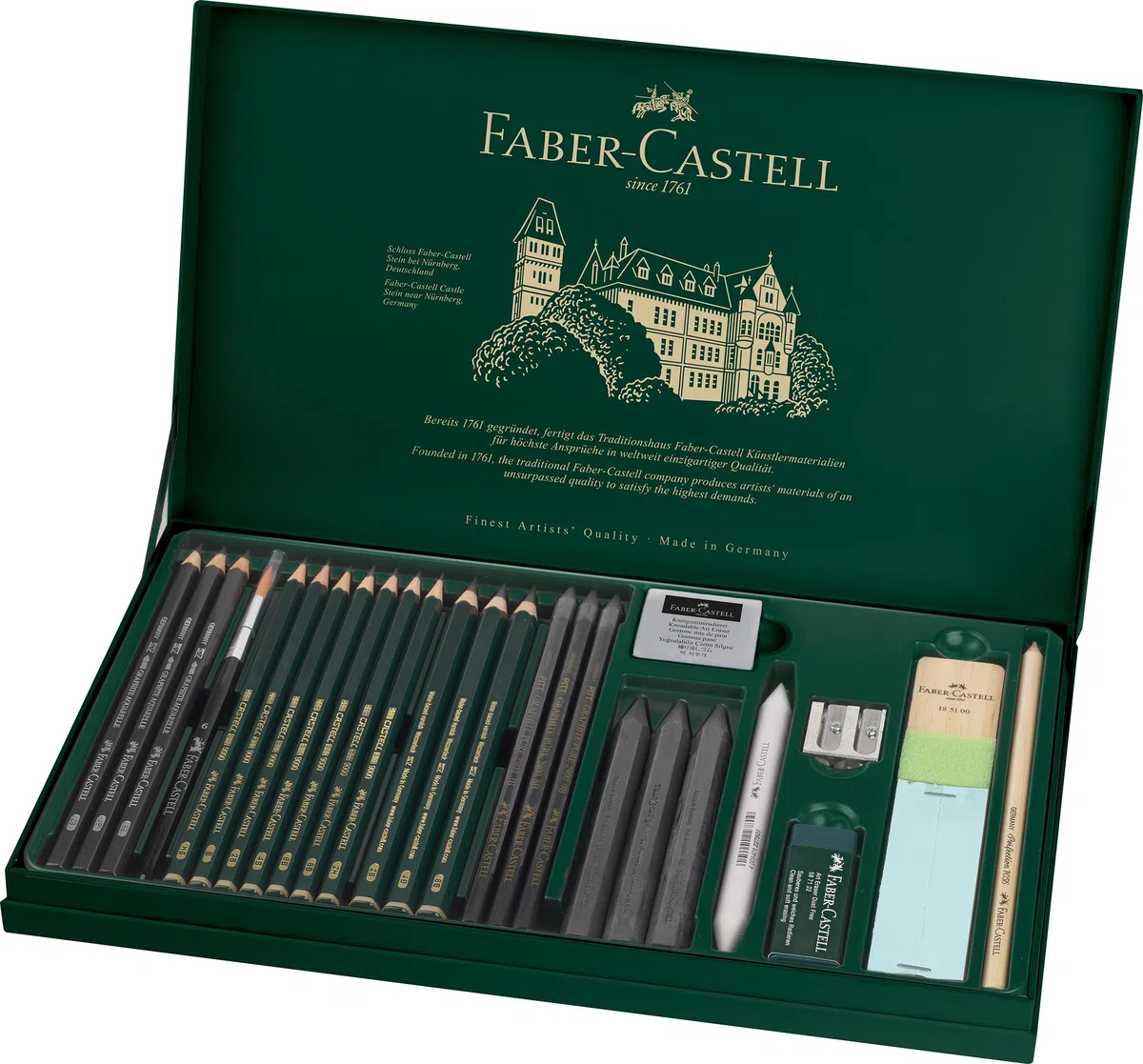 FABER-CASTELL 112974 - Pitt Graphite Set Set di disegni 26 pezzi, set professionale di matite e grafite con Castell 9000, grafite acquerellabile, gessetti e accessori