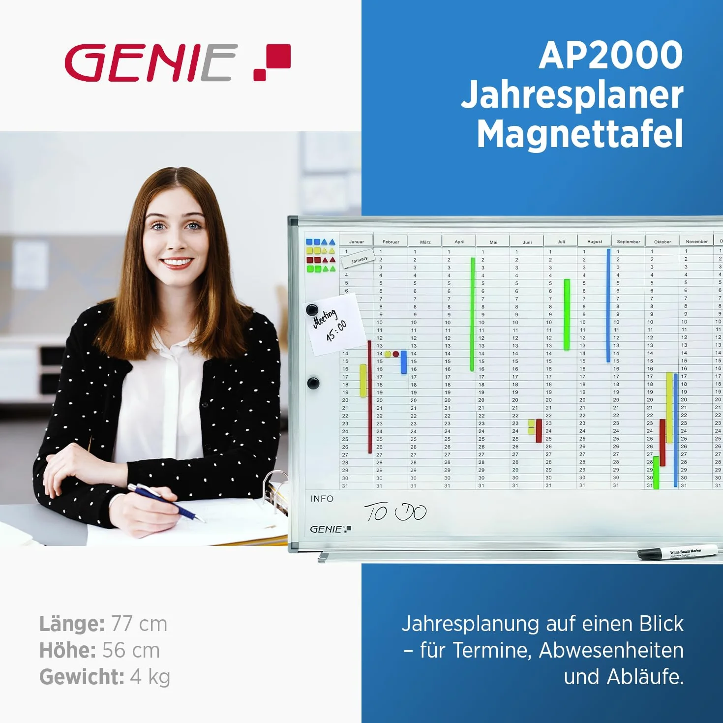 Genie AP2000 - Lavagna magnetica scrivibile, con suddivisione mensile e annuale, cornice in alluminio, 77 x 56 cm