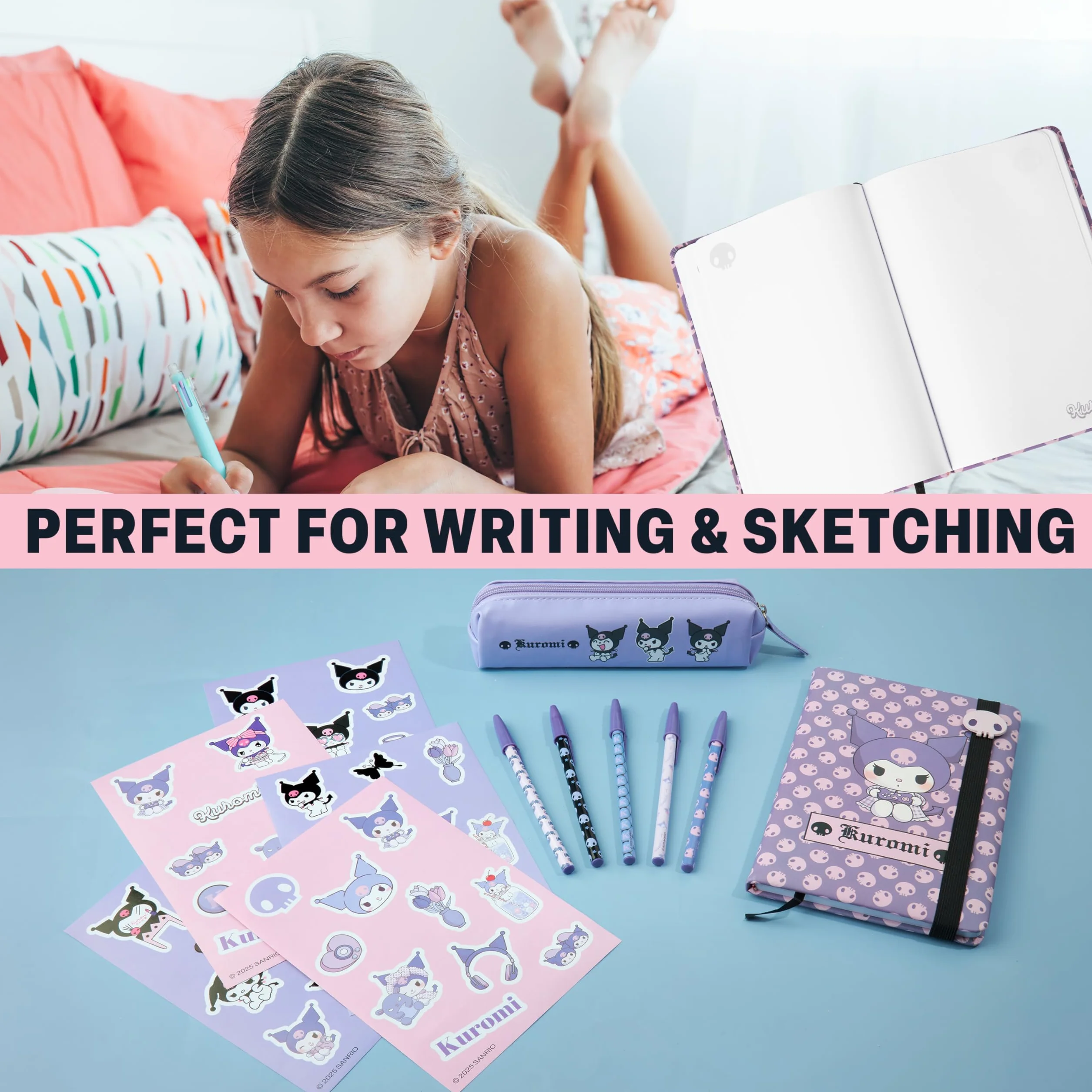 Get Trend Hello Kitty Sanrio Kuromi Set Cancelleria con Quaderno Diario Penna a Sfera Astuccio Matite Stickers Anime Materiale Scolastico e Ufficio (Viola Kuromi)