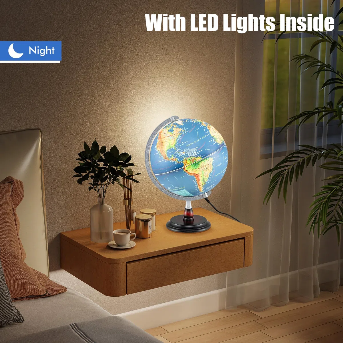 LIFEZEAL 30 cm Globo Terrestre illuminato con illuminazione a LED,Globo da ufficio educativo con rilievo geografico e fusi orari, Gobe geografico con base in legno stabile per studio e decorazione I