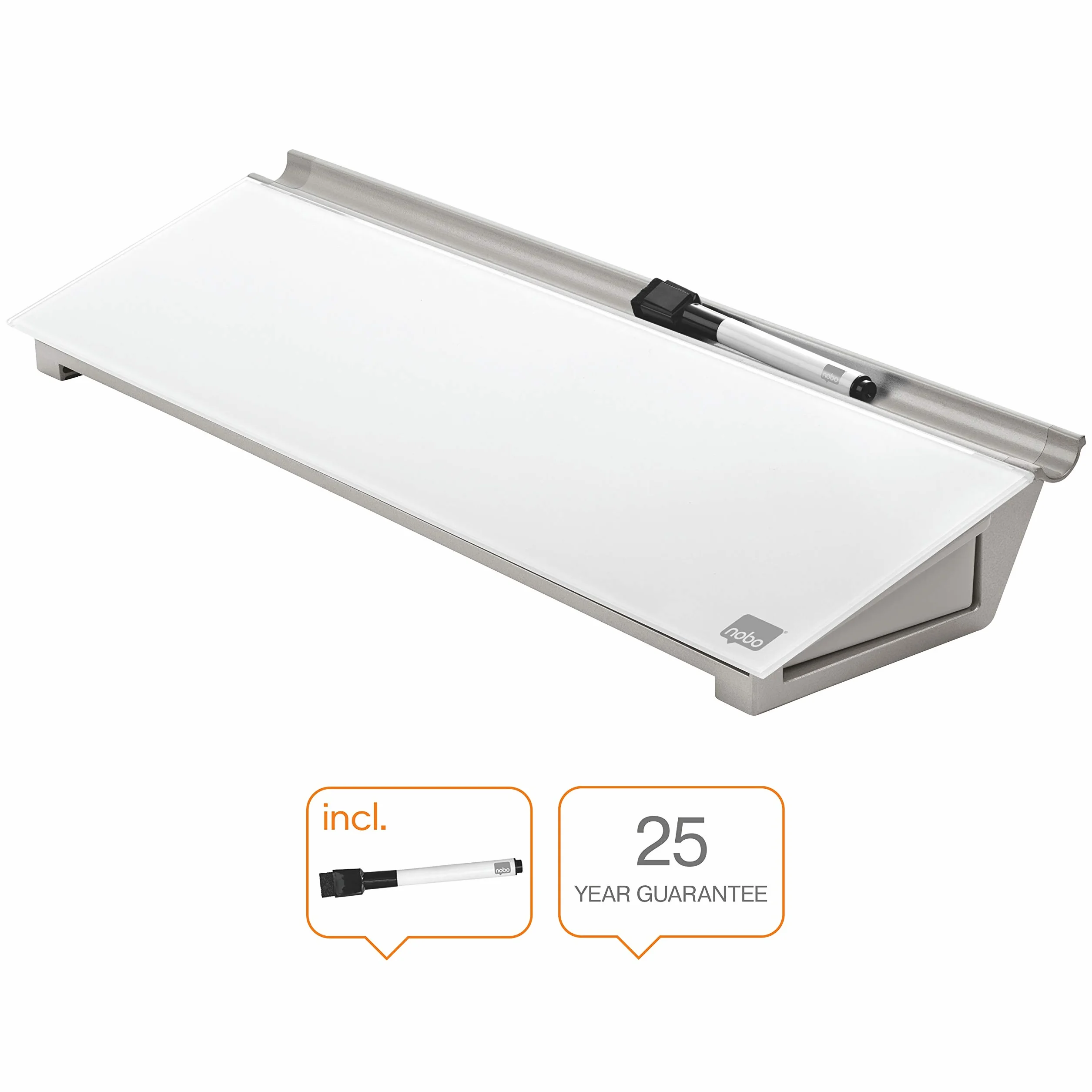 Nobo Lavagnetta da scrivania in vetro, Blocco scrivania per note con Pennarello cancellabile a secco, Lavagna con Cassetto laterale Portaoggetti, Senza Cornice, 458 x 60 x 140 mm, Bianco