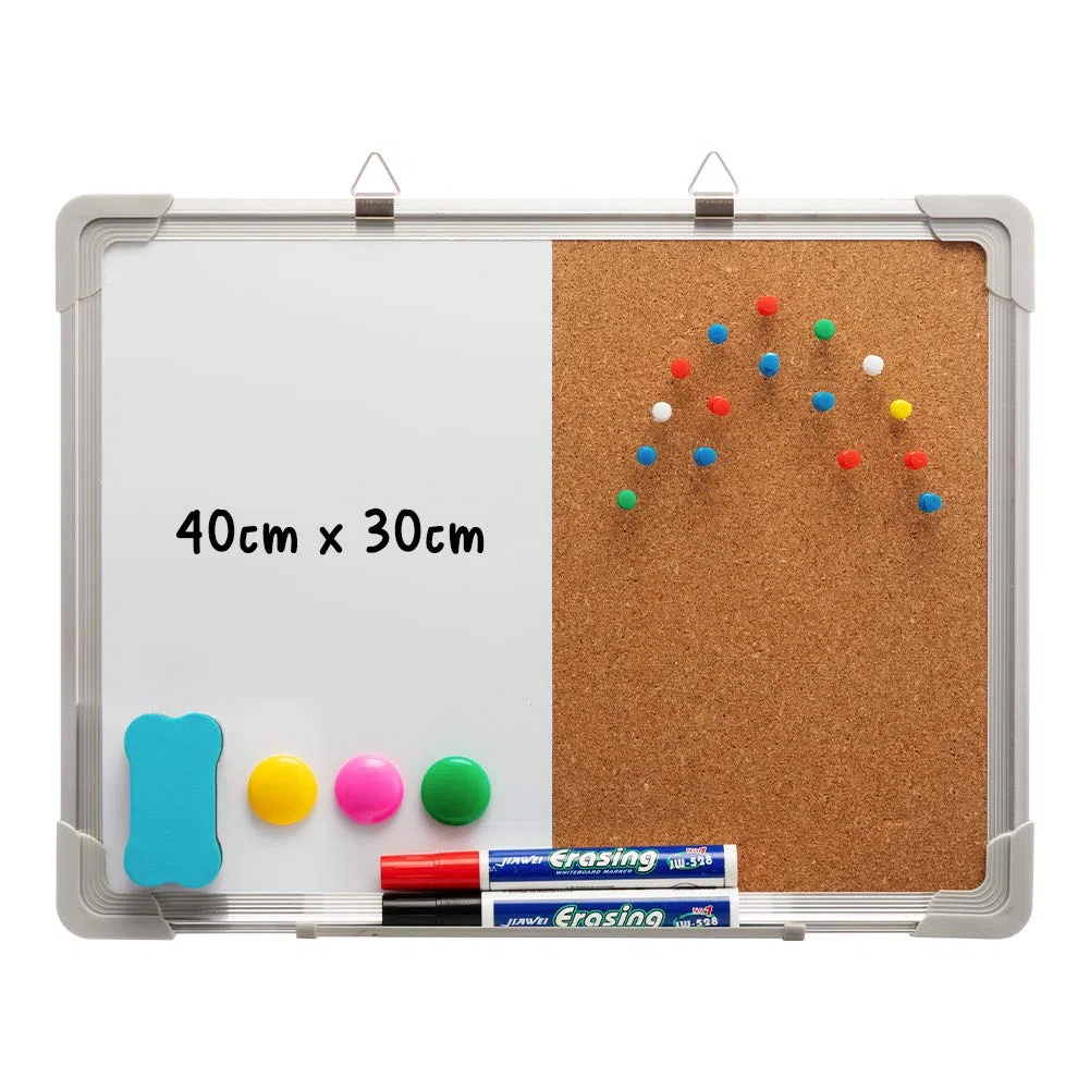 DOEWORKS Lavagna Bianca Combinata Bifacciale 40 x 30cm, Lavagna Magnetica Cancellabile a Secco & Bacheca in Sughero, Bacheca Sospesa a Parete per Casa Ufficio Scuola