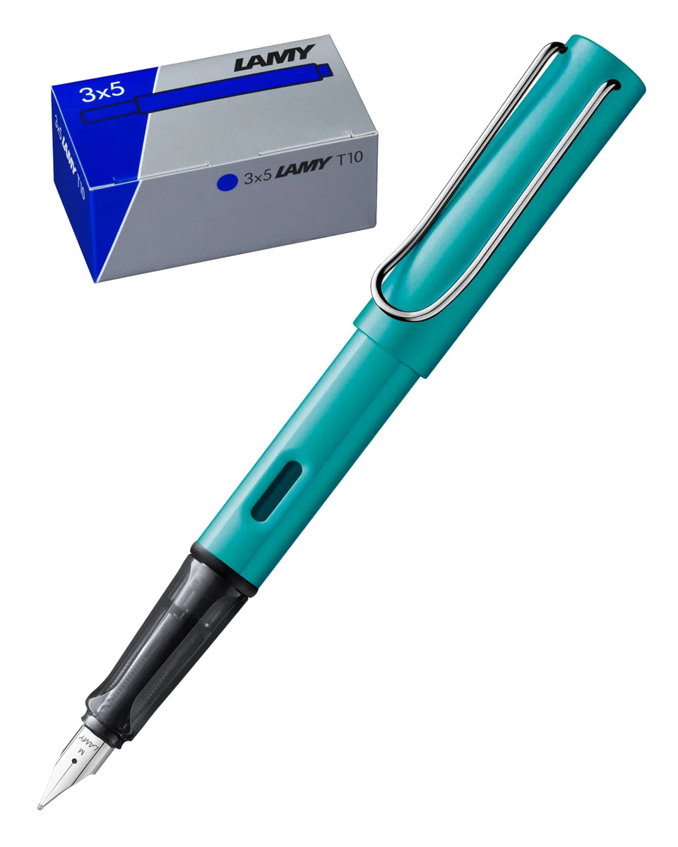 LAMY AL-star Set di 3 penne stilografiche in alluminio in tormalina con manico ergonomico e molla in acciaio lucido, tratto fine T10, set da 3 cartucce di inchiostro, originale cartone – inchiostro