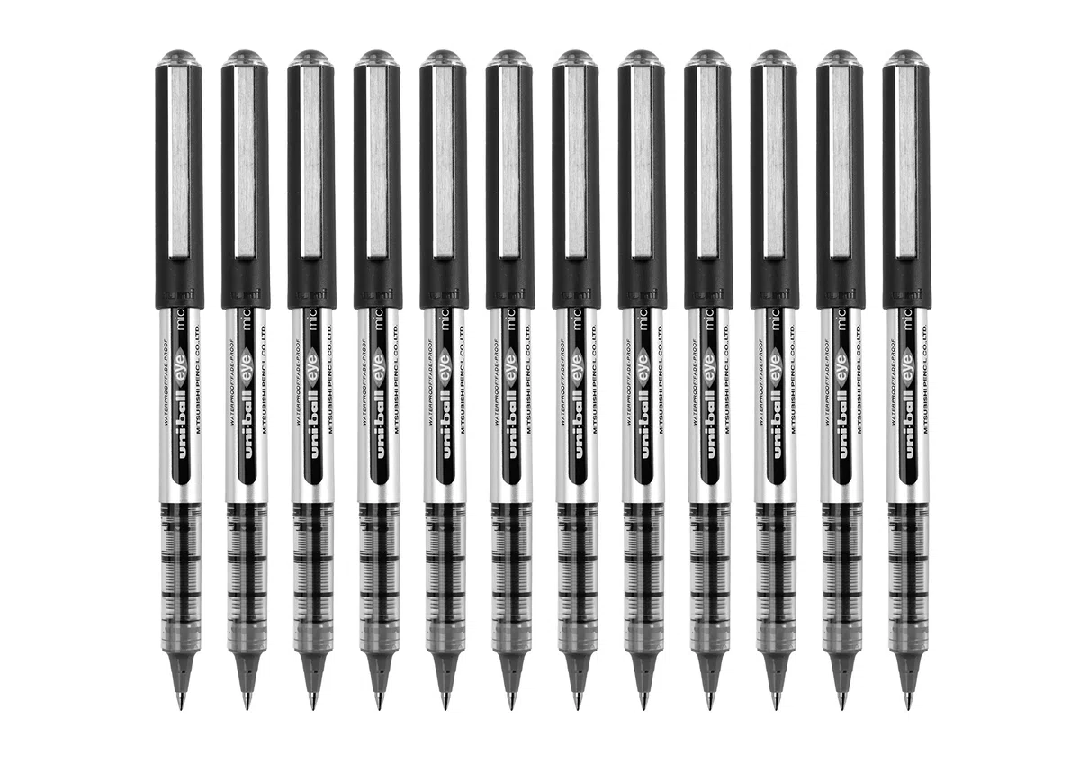 Penna rollerball UB-150 Eye Micro, inchiostro nero Uni-ball Super Ink, pennino da 0,5 mm, scatola da 12 pezzi