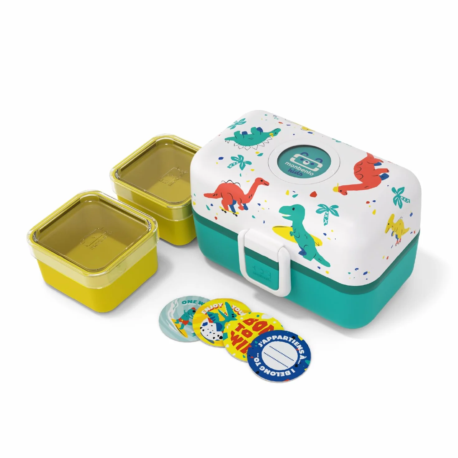 monbento - Lunch Box Bambini Tresor blu Dino - Portapranzo e Portamerenda 3 Scomparti - Ideale per Scuola/Picnic - Porta Pranzo senza BPA - Personalizzabile - Motivo Dinosauri