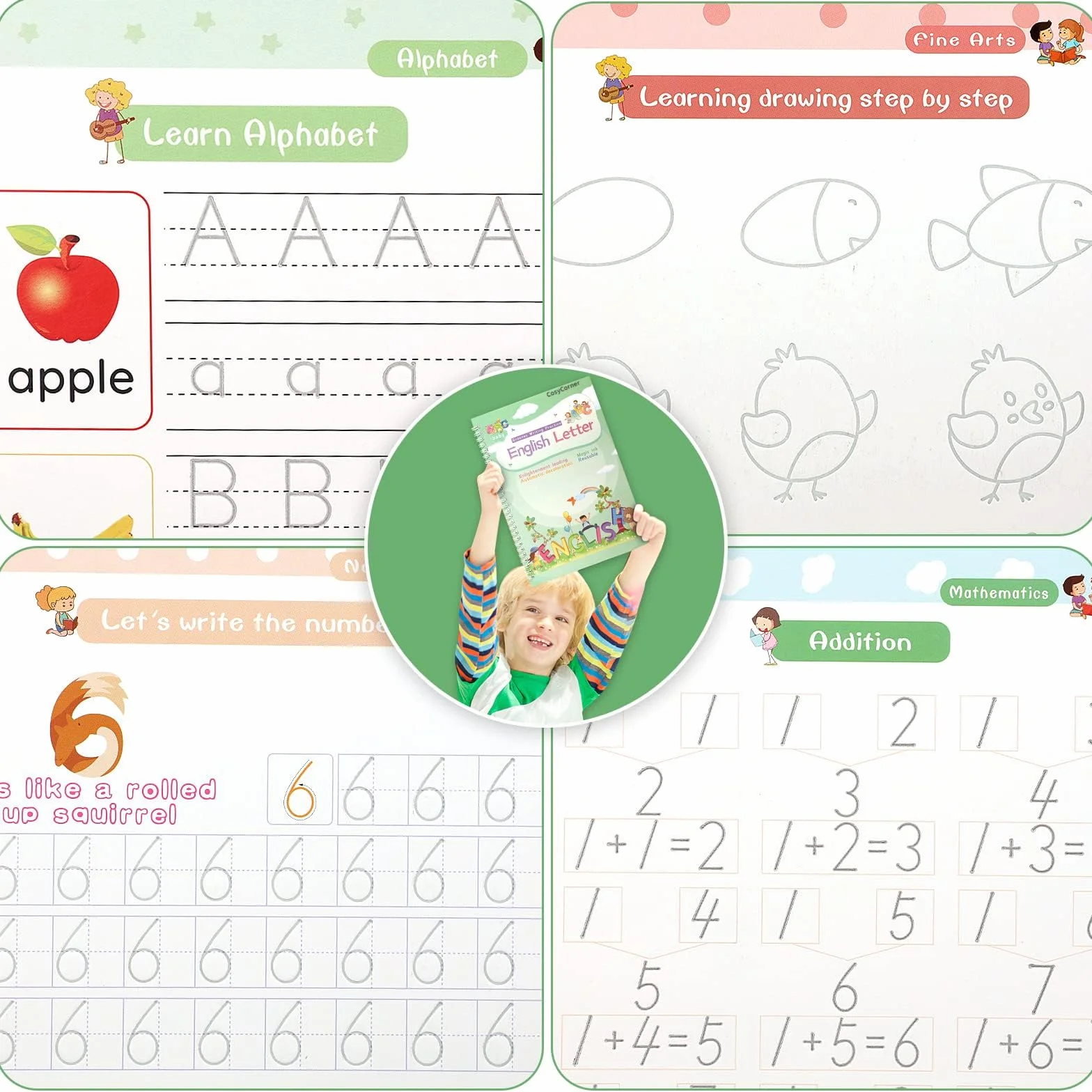 Libro di lavoro per scrivere a mano magica, quaderno di pratica, penna magica riutilizzabile con scanalature per bambini (4 libri, 25 x 19 cm)