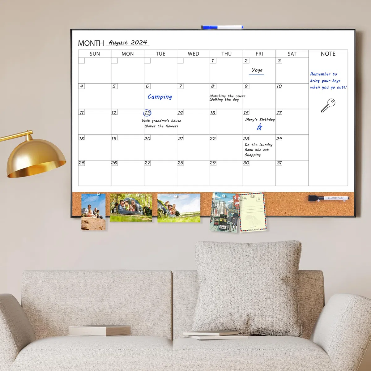 ARCOBIS Calendario cancellabile a secco con lavagna in sughero da parete, 91,4 x 61 cm, calendario magnetico con cornice nera, lavagna combinata mensile per scuola, casa, ufficio