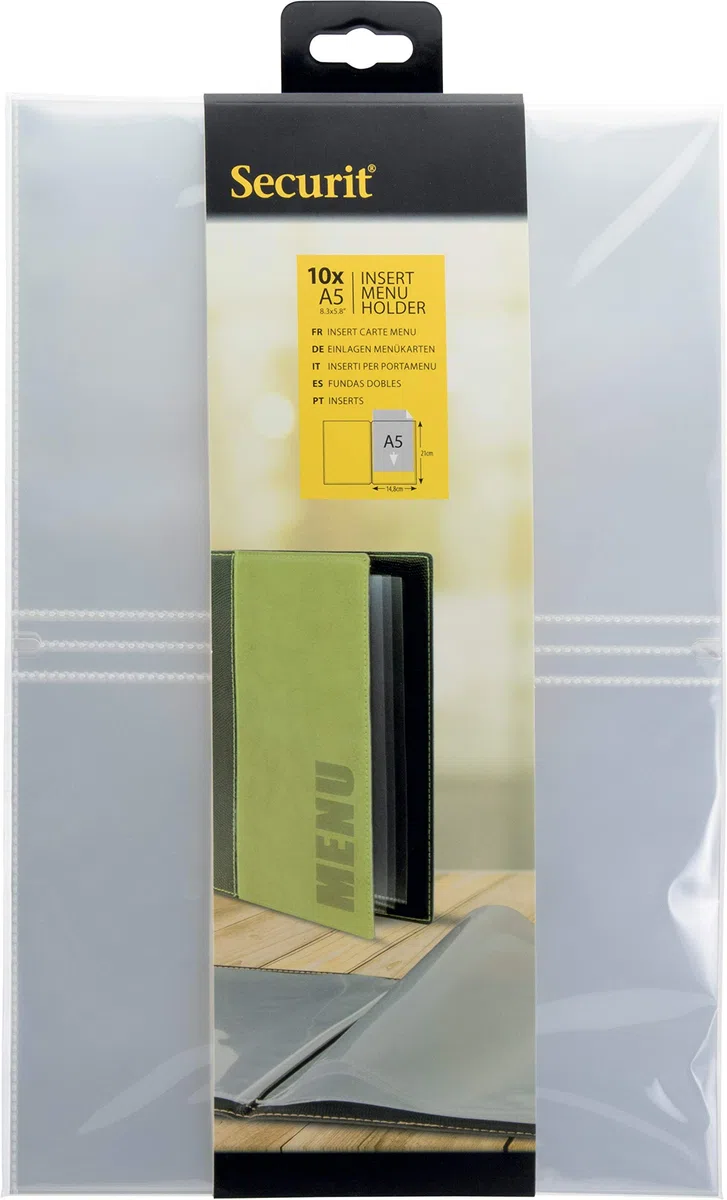 SECURIT - Set da 10 Inserti per Porta Menu - per caffè, Ristoranti, Bar - Formato A5 - Trasparente (Confezione da 5)