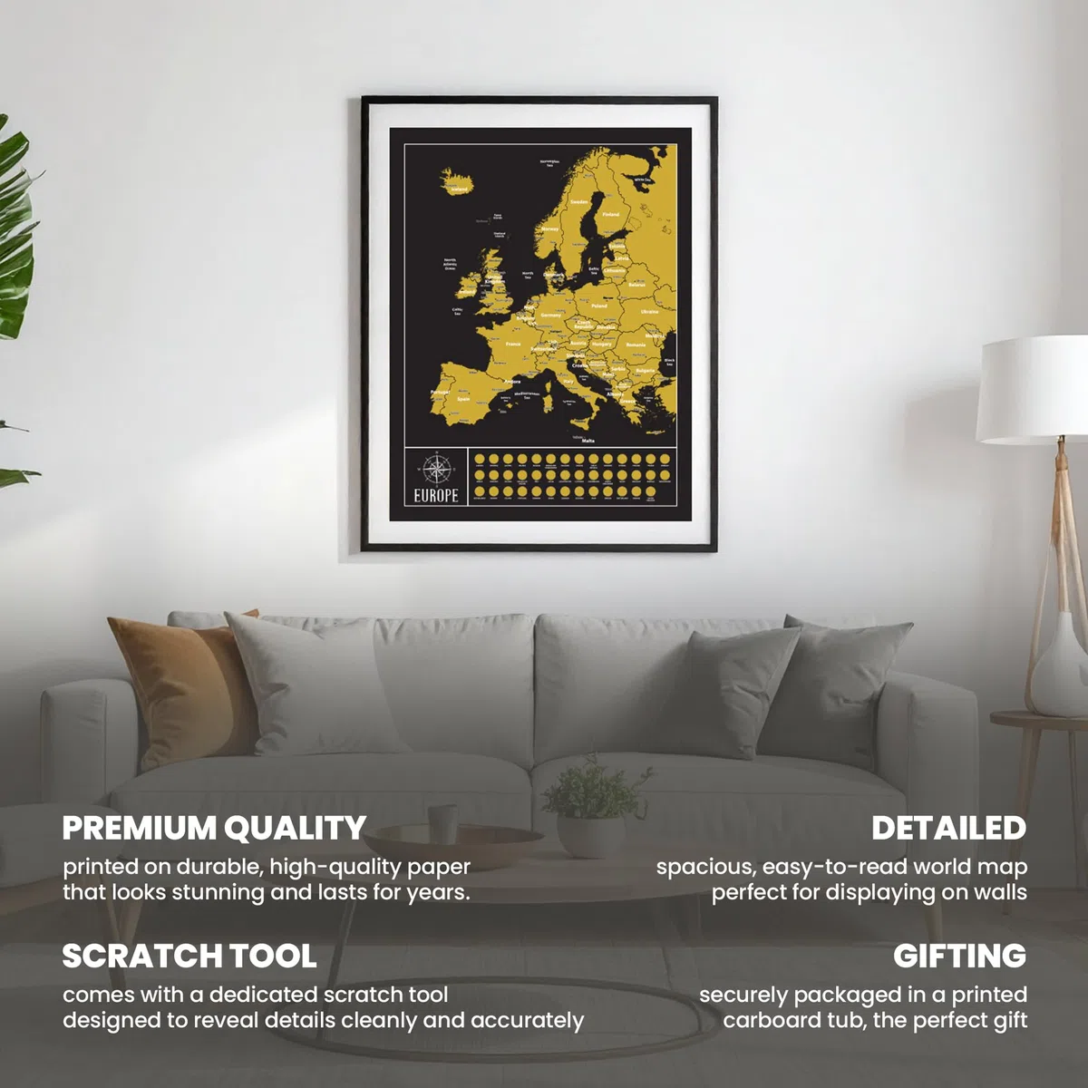 Gleneagles Scratch Off Europe Travel Tracker Poster - Black Gold Map with Scratch-Off Places 54x70 Adventure Map for Travellers Gift for Men & Women Bucket List