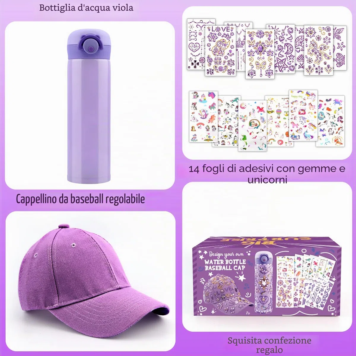 Regalo Bambina 4 5 6 7 8 9 10 11 Anni, Kit Borraccia e Berretto da Baseball Fai Da Te con Gemma e Unicorno Adesivi, Compleanno Regali per Ragazze DIY Bottiglia D'acqua e Cappellino da Baseball