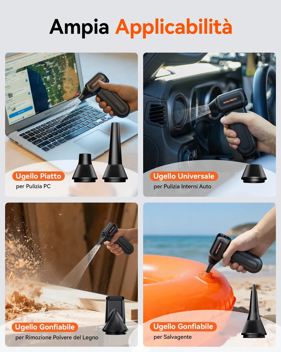 WOLFBOX MF60 Soffiatore a Batteria Potente 110000 RPM, Aria Compressa Elettrico Air Duster con 3 Velocità, Mini Soffiatore Portatile Ricaricabile per Pulizia PC, Tastiera, Auto, Casa, 5 Ugelli