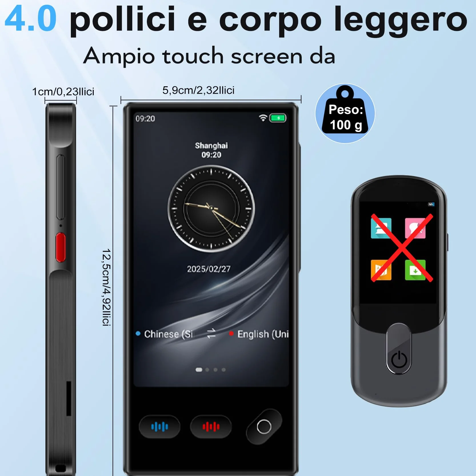 Traduttore Simultaneo Vocale, Traduttore Vocale Istantaneo Multilingue per 148 Lingue Online e 19 Offline (Italiano Offline), Traduzione di Foto Supporta WiFi/Bluetooth con Batteria da 1500 mAh