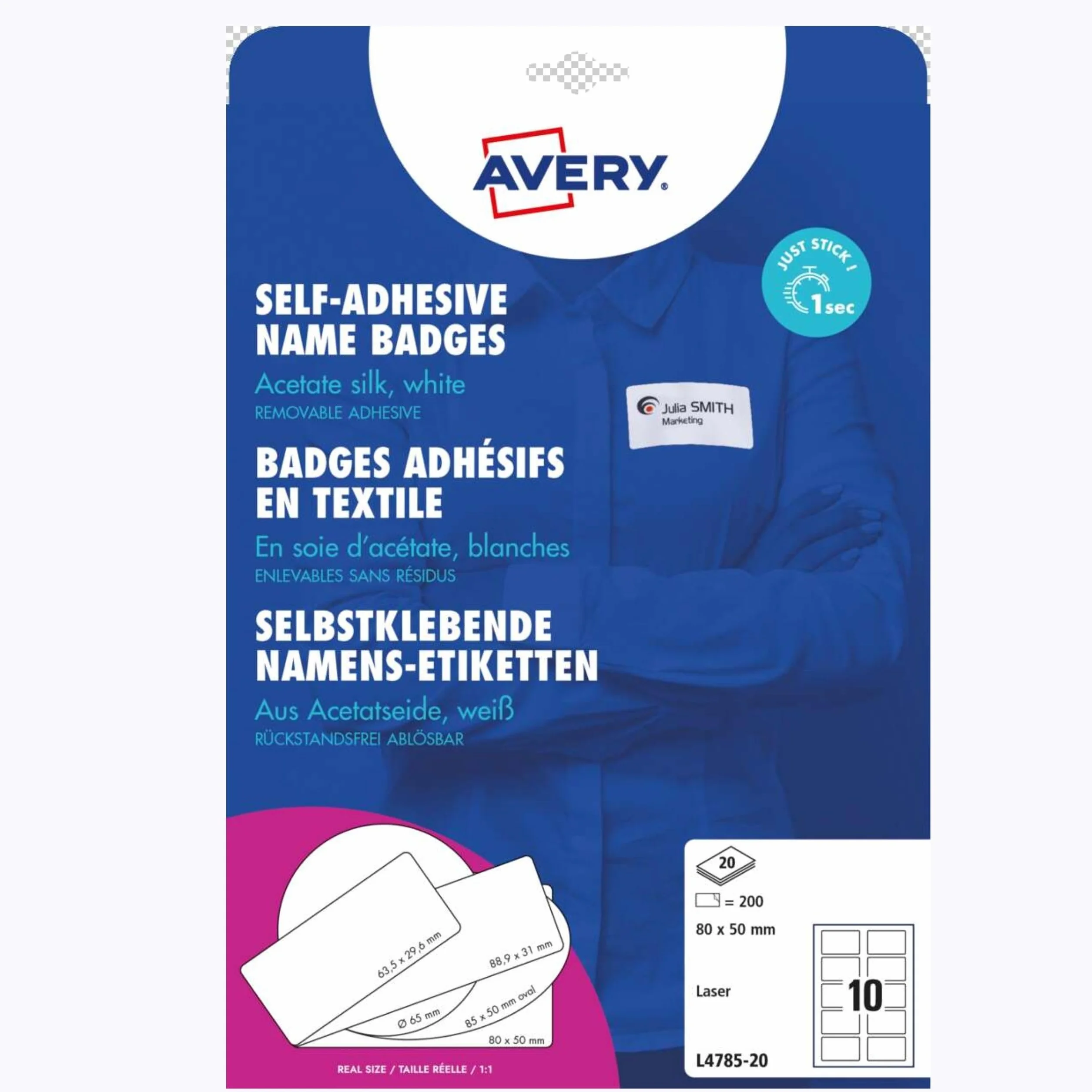 Avery Italia L4785-20 Badge Adesivi, Stampanti Laser, 20 Fogli, 80 x 50, Bianco