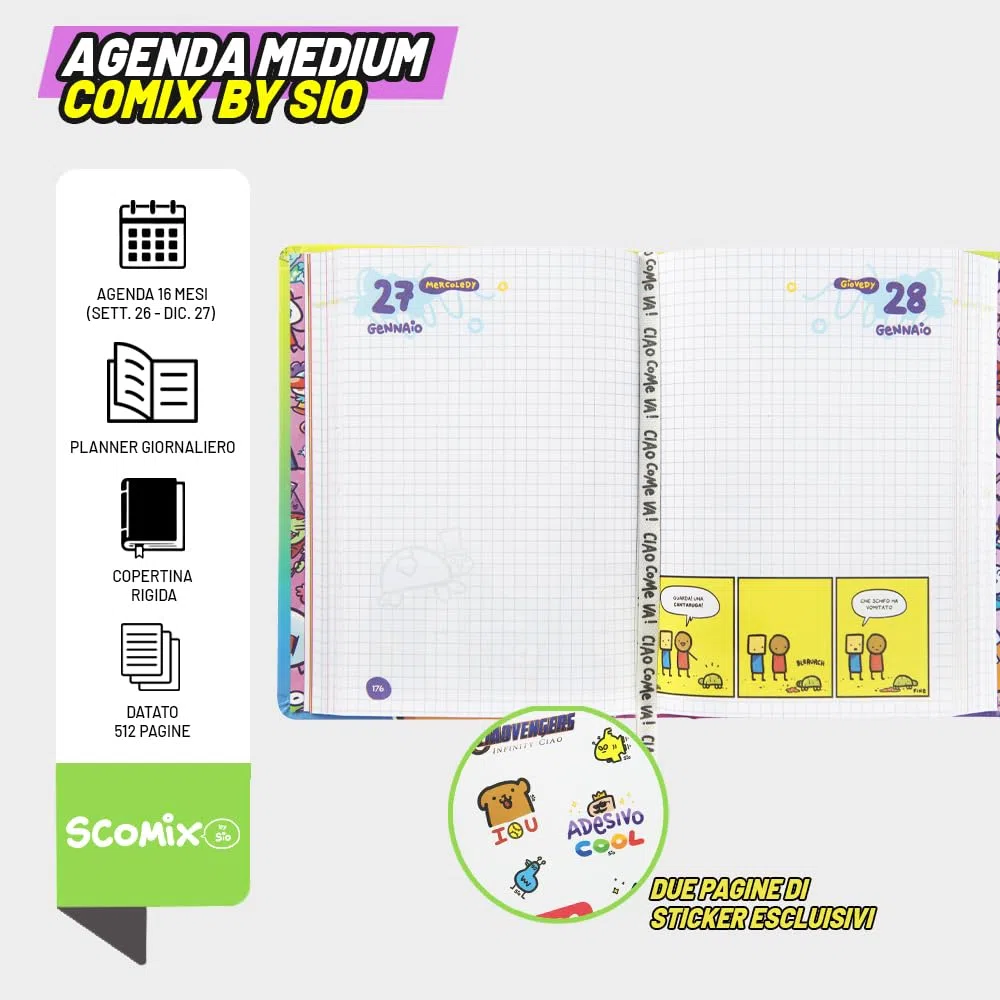 COMIX Scomix by Sio - Agenda Giornaliera 16 Mesi, Diario 2026-2027 per Scuola Elementare e Media, con Copertina Rigida e Colorata, 512 Pagine a Colori, per Bambini e Ragazzi, 12x16.5 cm