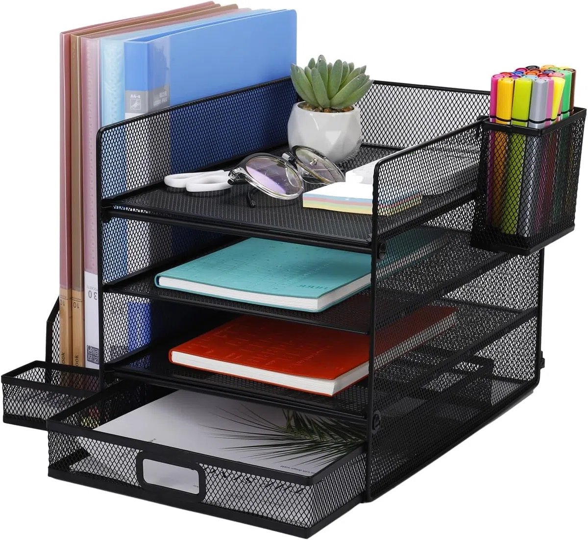 per documenti A4,3 livelli di ripiani portadocumenti,1 organizer per minuteria e 1 portapenne,organizer con vani portaoggetti in rete da scrivania con portadocumenti per forniture per ufficio