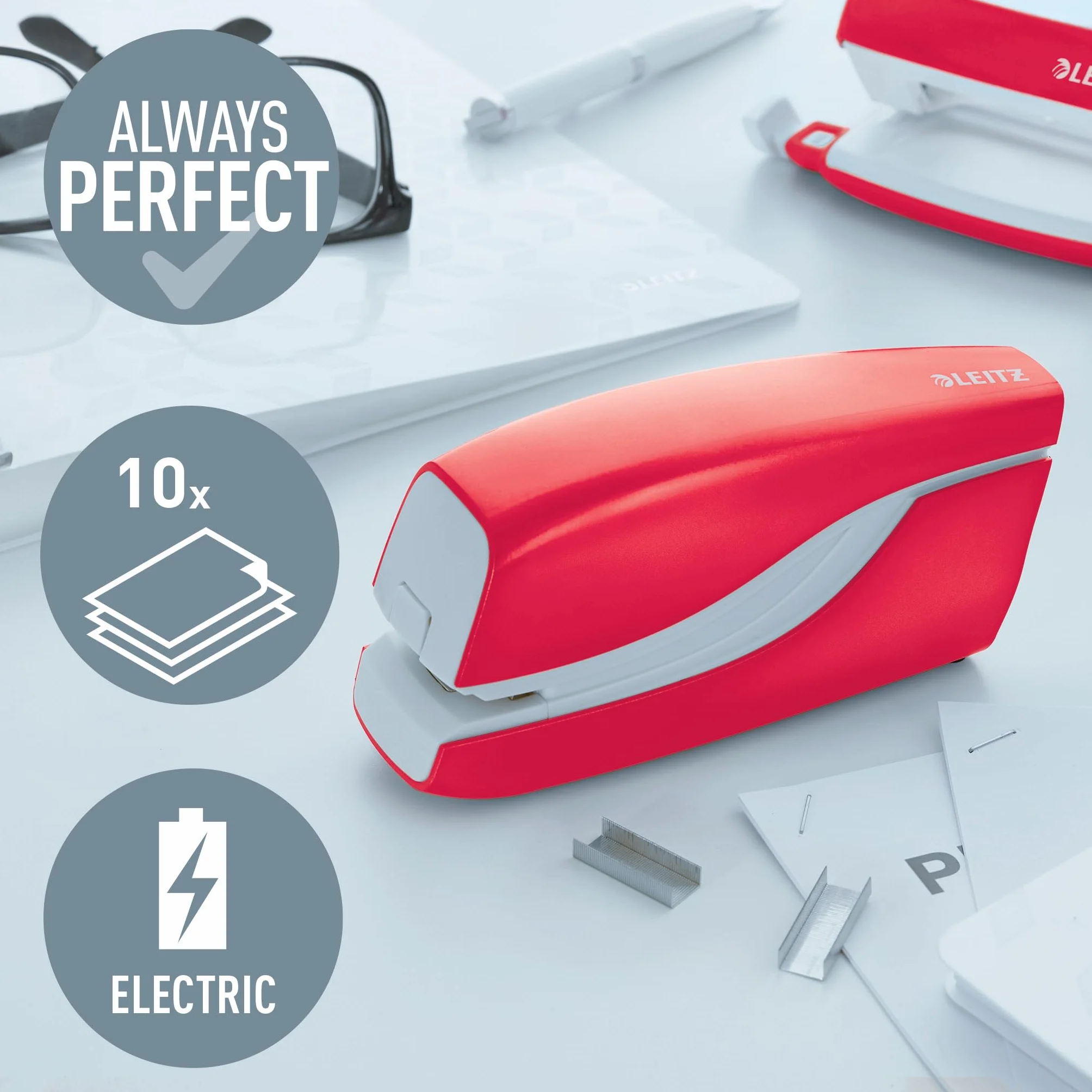 Leitz WOW Cucitrice Elettrica con Levapunti Integrato, Capacità di 10 Fogli, Alimentazione a Batteria, Include 1000 Punti Metallici E1, Rosso Metallizzato, 55661026