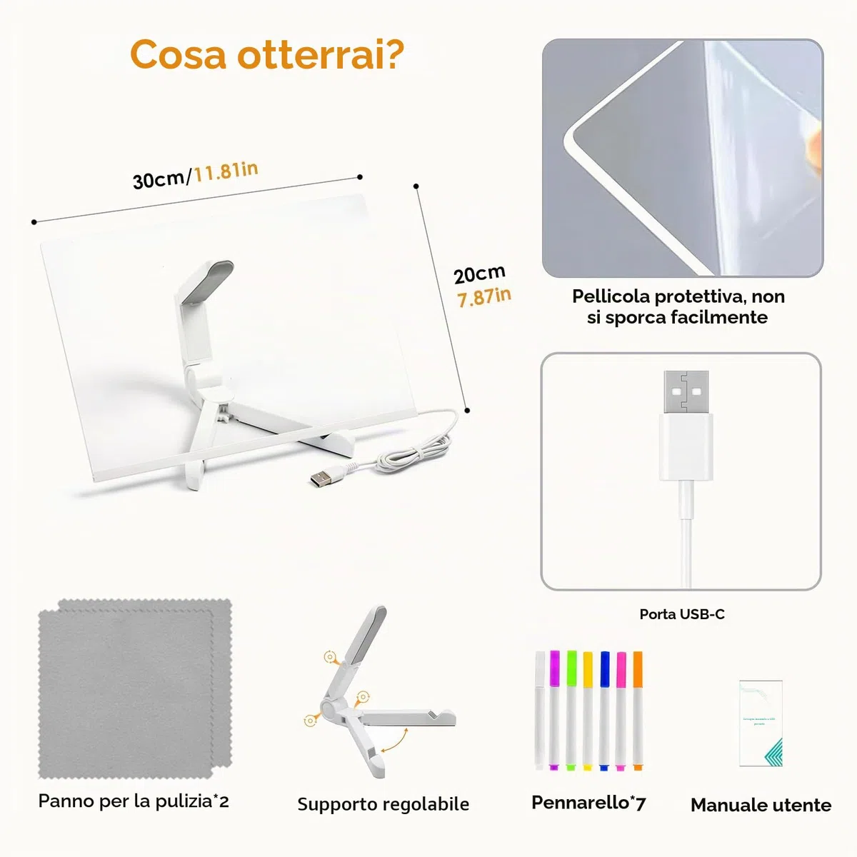 Lavagnetta in Acrilico con Luci LED,30CM*20CM Lavagna Luminosa Cancellabile per Disegnare Con Penna a 7 Colori e Supporto Regolabile, Lavagna Magica, per Casa, Scuola, Negozio, Bar