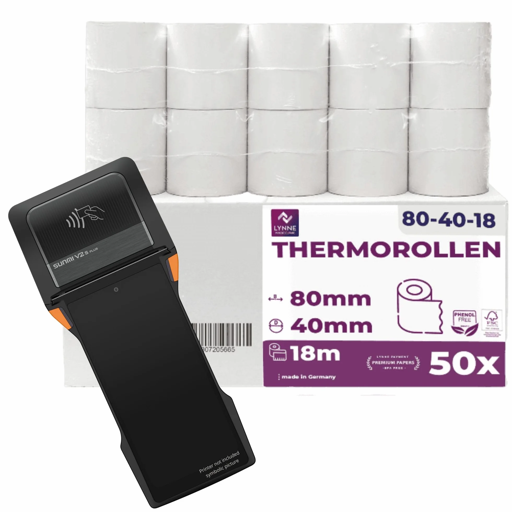 LYNNE - Rotoli Cassa 80x40 Termica Fiscale - Rotolini carta termica 80x40x12 - Rotolo per stampante registratore di cassa fiscale 80mm x 18m x 12mm - [50x]
