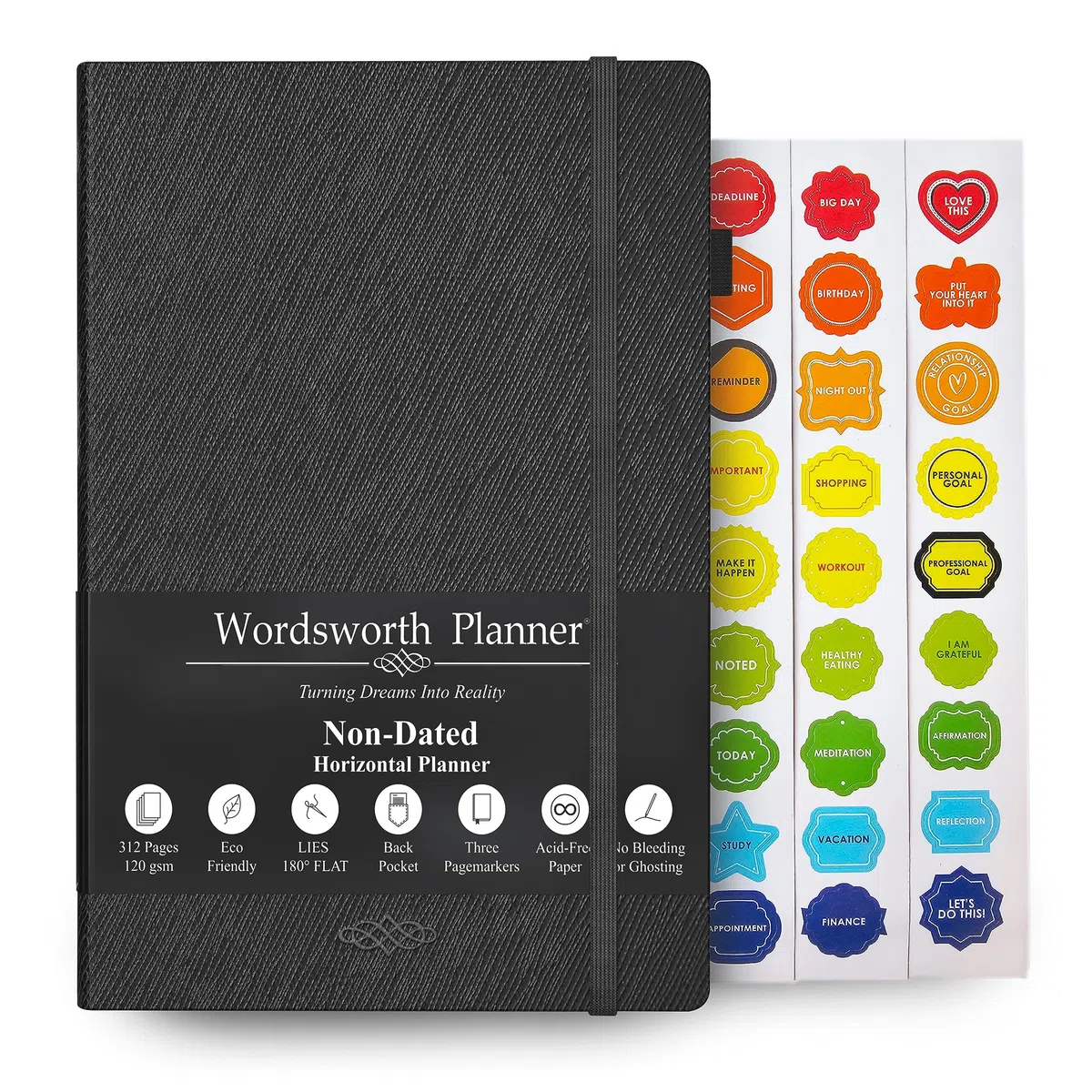 Wordsworth Planner– Planner non datato per la definizione degli obiettivi settimanali e mensili, tracker delle abitudini, organizer per la produttività e la gestione del tempo, diario, A5 1 anno -Nero
