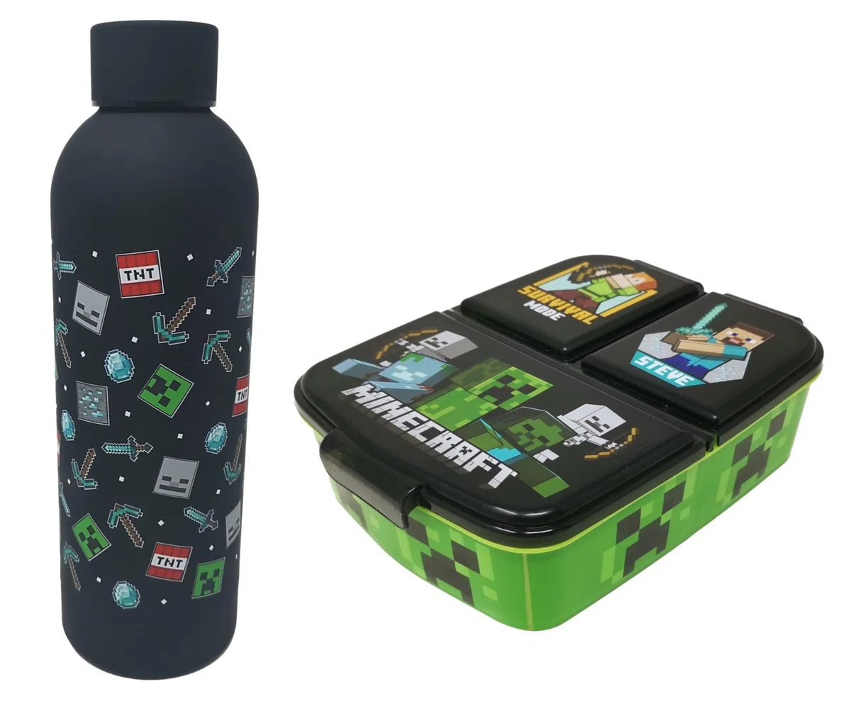 Theonoi Minecraft Creeper - Contenitore per il pranzo per bambini, con scomparti e borraccia, in acciaio (nero)
