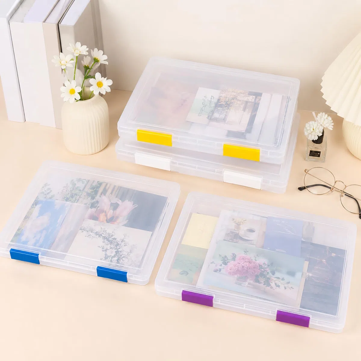 A4 Storage File Scatole (4 pack), Plastica Trasparente Scatola Portatile Archivio, Organizzare e Conservare Documenti, Opera d'Arte, Foto, Cancelleria e Hobby Strumenti
