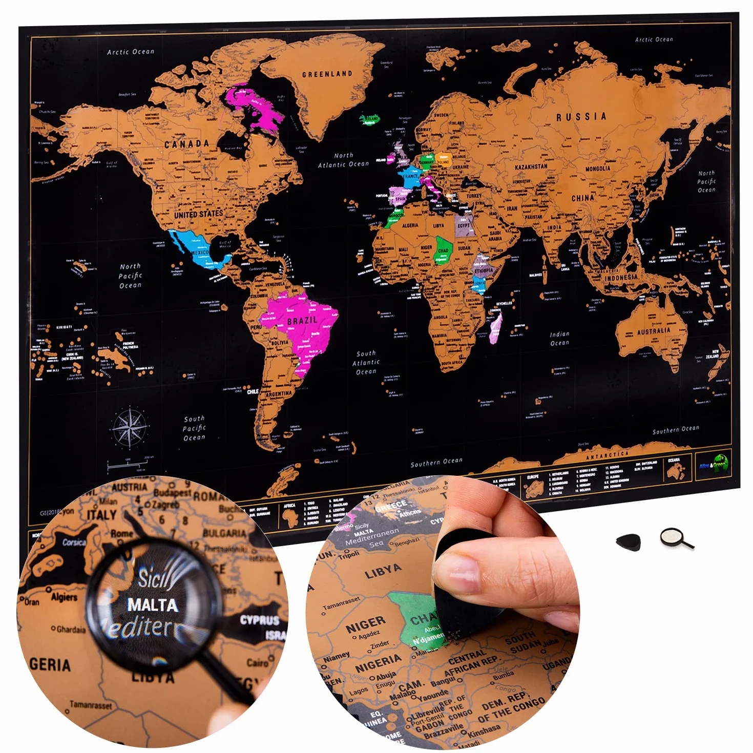 Atlas & Green Mappa del mondo da grattare, tutti gli stati americani, grande carta da viaggio A2 60 cm x 42 cm, mappa del mondo dei luoghi in cui sono stato mappa del mondo da graffiare. Accessori e