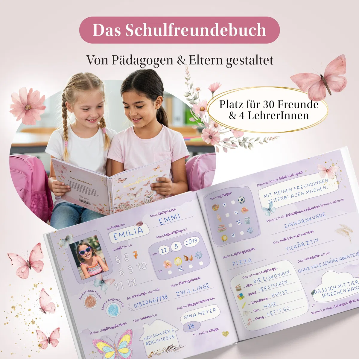 EULENTALER Il libro degli amici della scuola per ragazze, farfalle, disegnato da educatori, farfalle e fiori dipinti a mano, regalo per l'inizio della scuola, goffratura oro, libro degli amici della