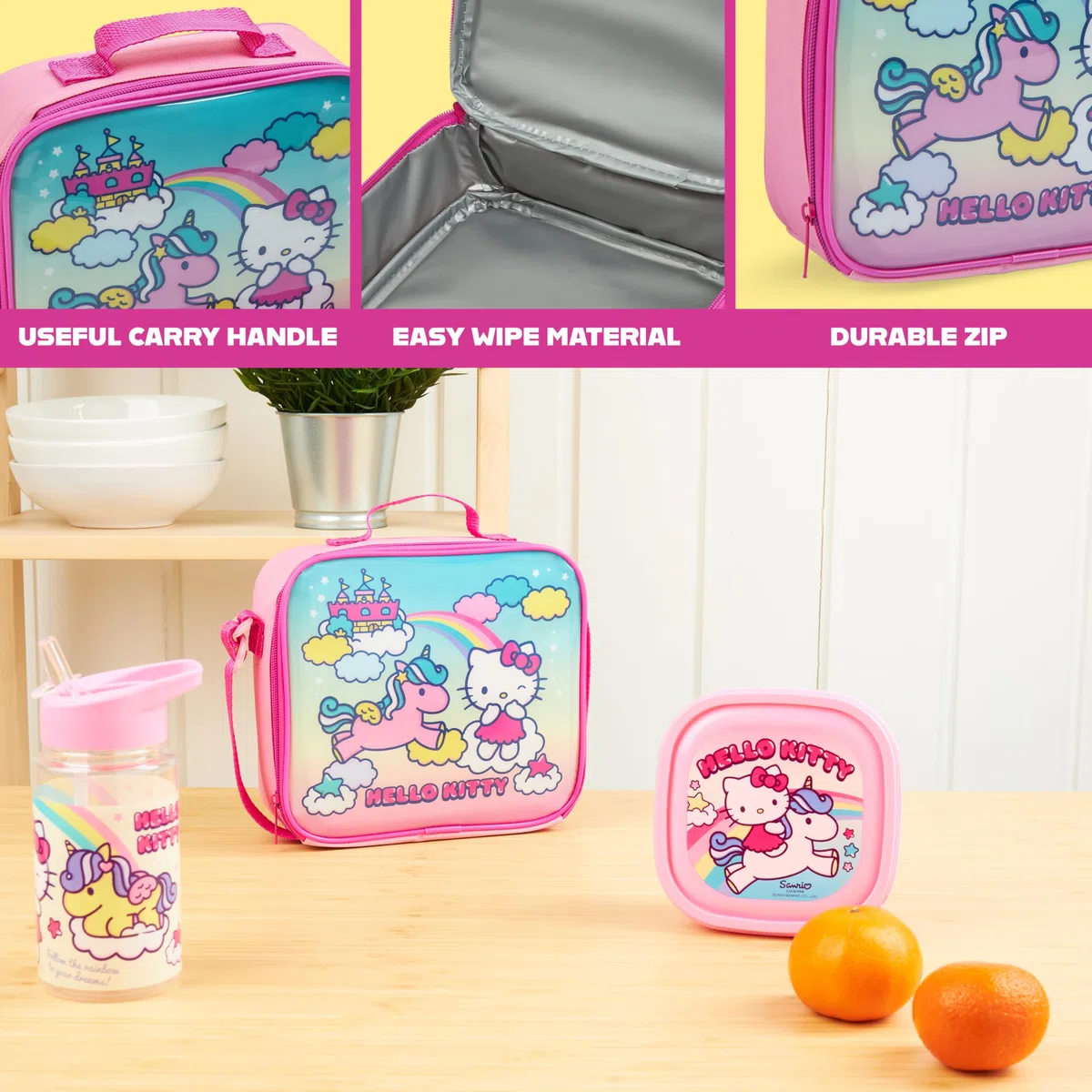 Get Trend Hello Kitty Borsa Porta Pranzo Bambini Set 3 Pz con Senza BPA Porta Merenda 400ml Borraccia Borsa Termica Viaggio Picnic Scuola (Hello Kitty)