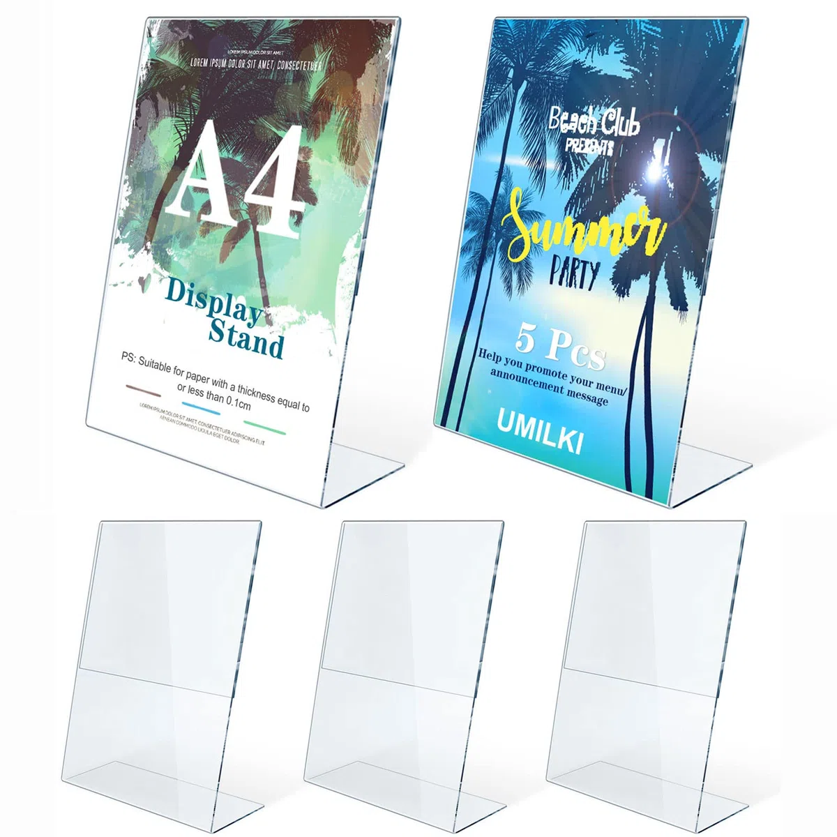 UMILKI 5 Pezzi Espositore Plexiglass A4, Espositore da Tavolo A4 con Base a L, Porta Menu da Tavolo in Acrilico, Porta Avvisi da Tavolo per Menu, Foto, Prezzi, Poster, Trasparente