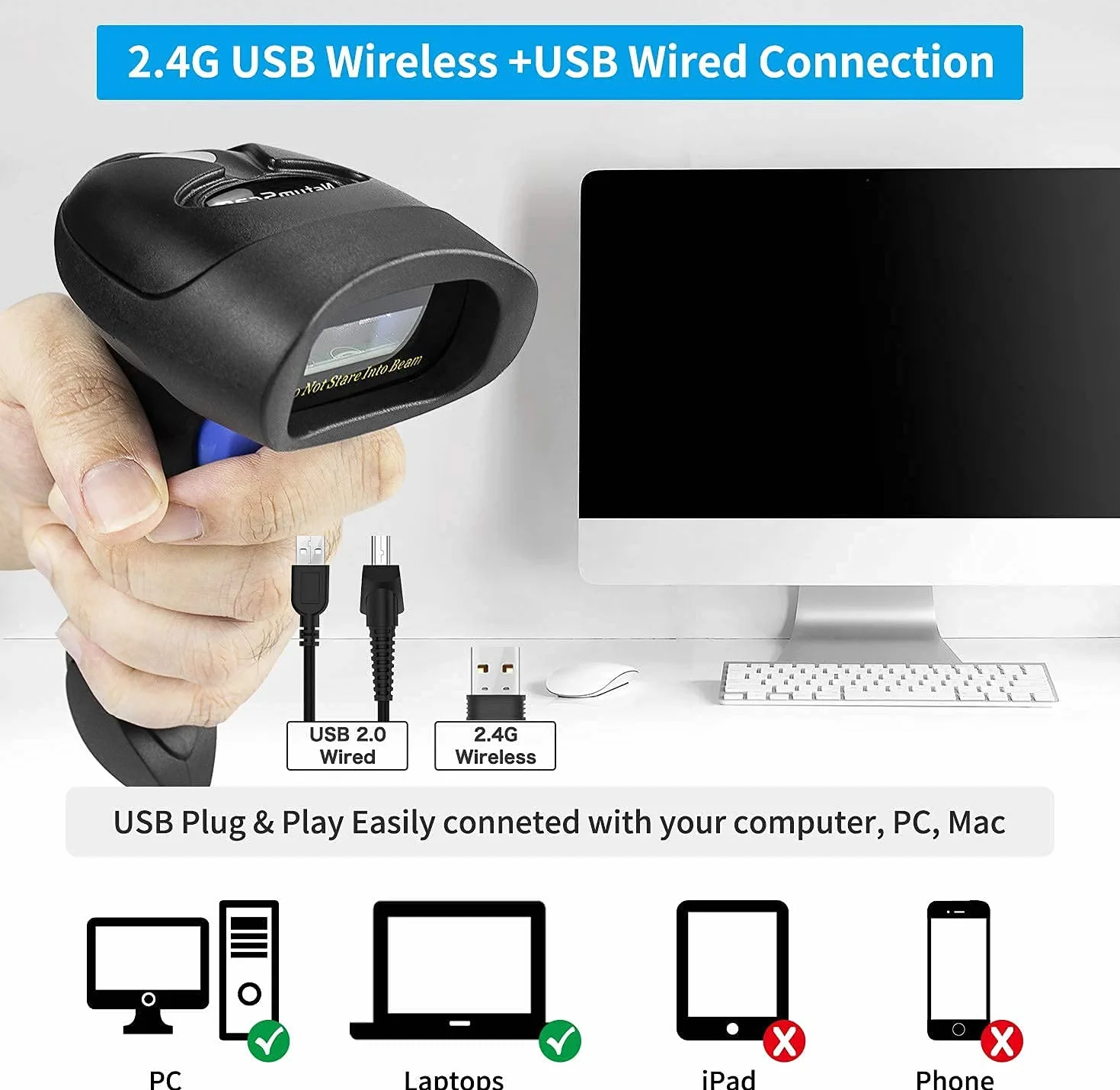 NetumScan Lettore Codici a Barre - Barcode Scanner Wireless Senza Fili 2.4Ghz USB 1D, Compatibile con PC, Legge Codici Riviste Giornali, Supporto Incluso NSL6S
