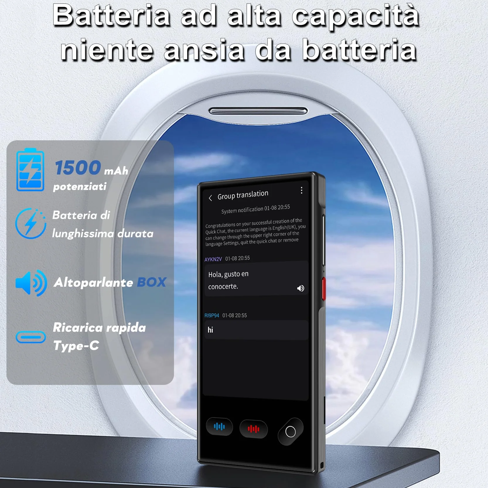 Traduttore Simultaneo Vocale, Traduttore Vocale Istantaneo Multilingue per 148 Lingue Online e 19 Offline (Italiano Offline), Traduzione di Foto Supporta WiFi/Bluetooth con Batteria da 1500 mAh
