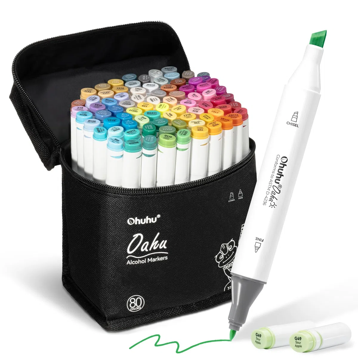 Ohuhu 80 ColoriPennarelli ad Alcool a Doppia Punta per Illustrazioni da colorare per Adulti, Ink Base di Alcool con 1 Frullatore Custodia per Pennarelli Scalpello e Fine, Serie Oahu