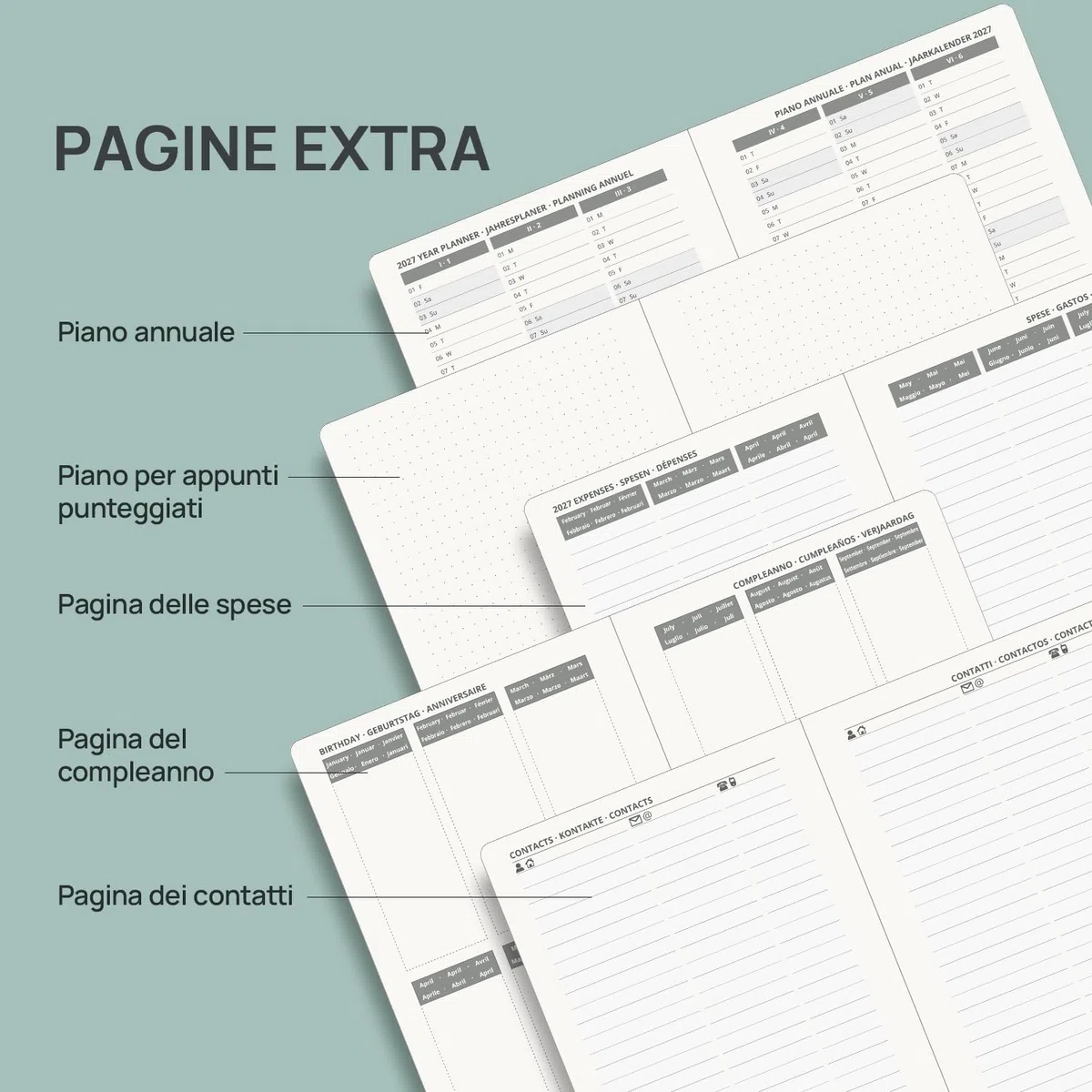 POPRUN Agenda 2026 2027 Giornaliera A5, Daily Planner 21,5 x 14,5 cm 12 Mesi da Ago.2026 a Lug.2027, 1 Giorno 1 Pagina da Lun a Dom con Schede Mensili, Carta Spessa da 80 GSM, Verde Pacifico