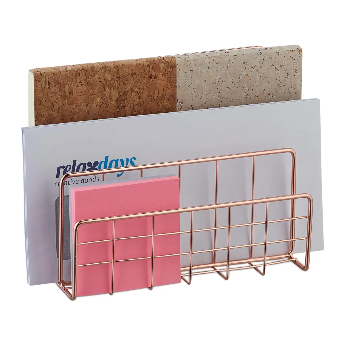 Relaxdays Portalettere da Scrivania, Portadocumenti, 3 Scomparti, Design a Rete, 14 x 17,5 x 8 cm, in Ferro, Oro Rosato